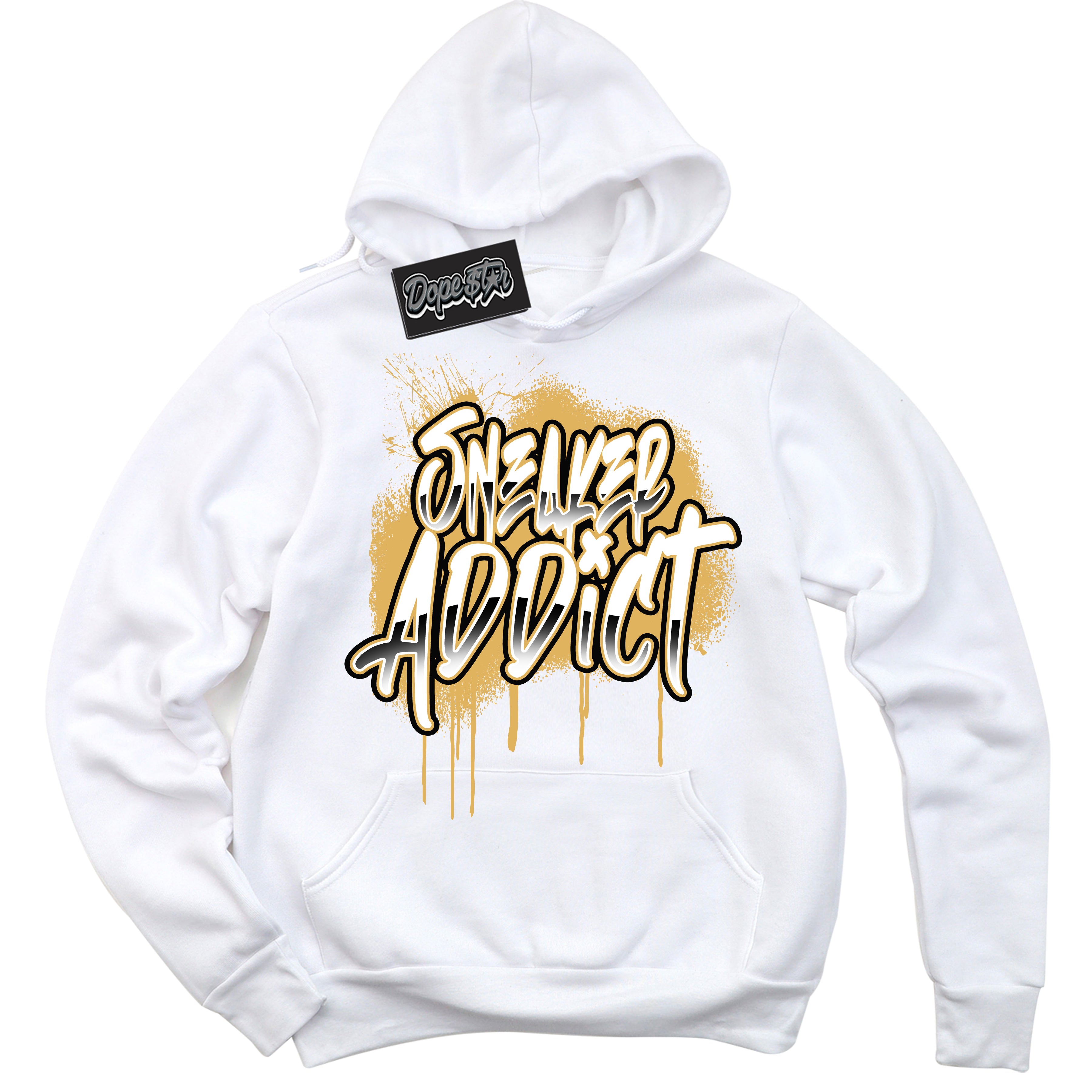 Cool White Hoodie with “ Sneaker Addict ”  design that Perfectly Matches Gold Swoosh 1s Sneakers.
