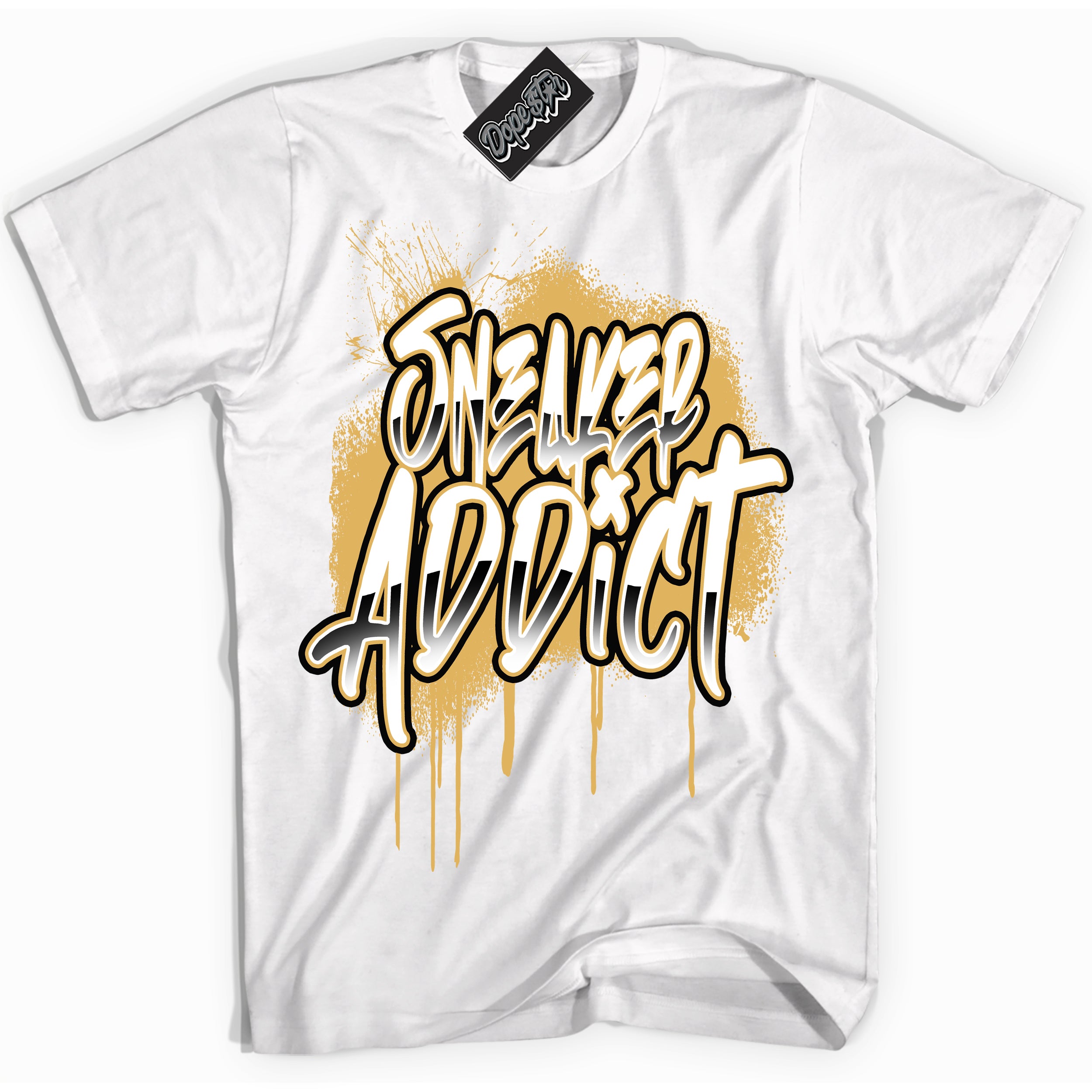 Cool White Shirt with “ Sneaker Addict ” design that perfectly matches Gold Swoosh 1s Sneakers.
