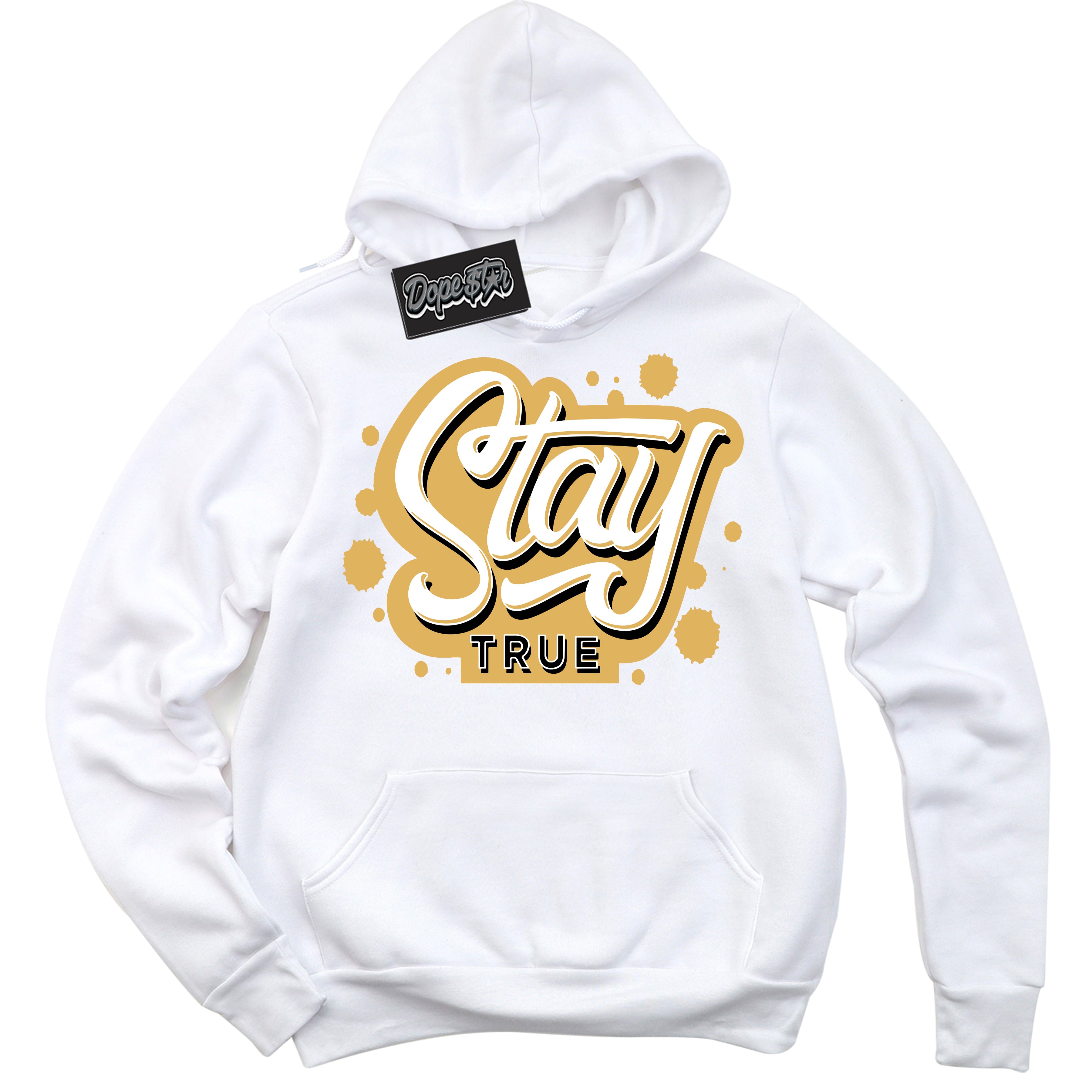 Cool White Hoodie with “ Stay True ”  design that Perfectly Matches Gold Swoosh 1s Sneakers.
