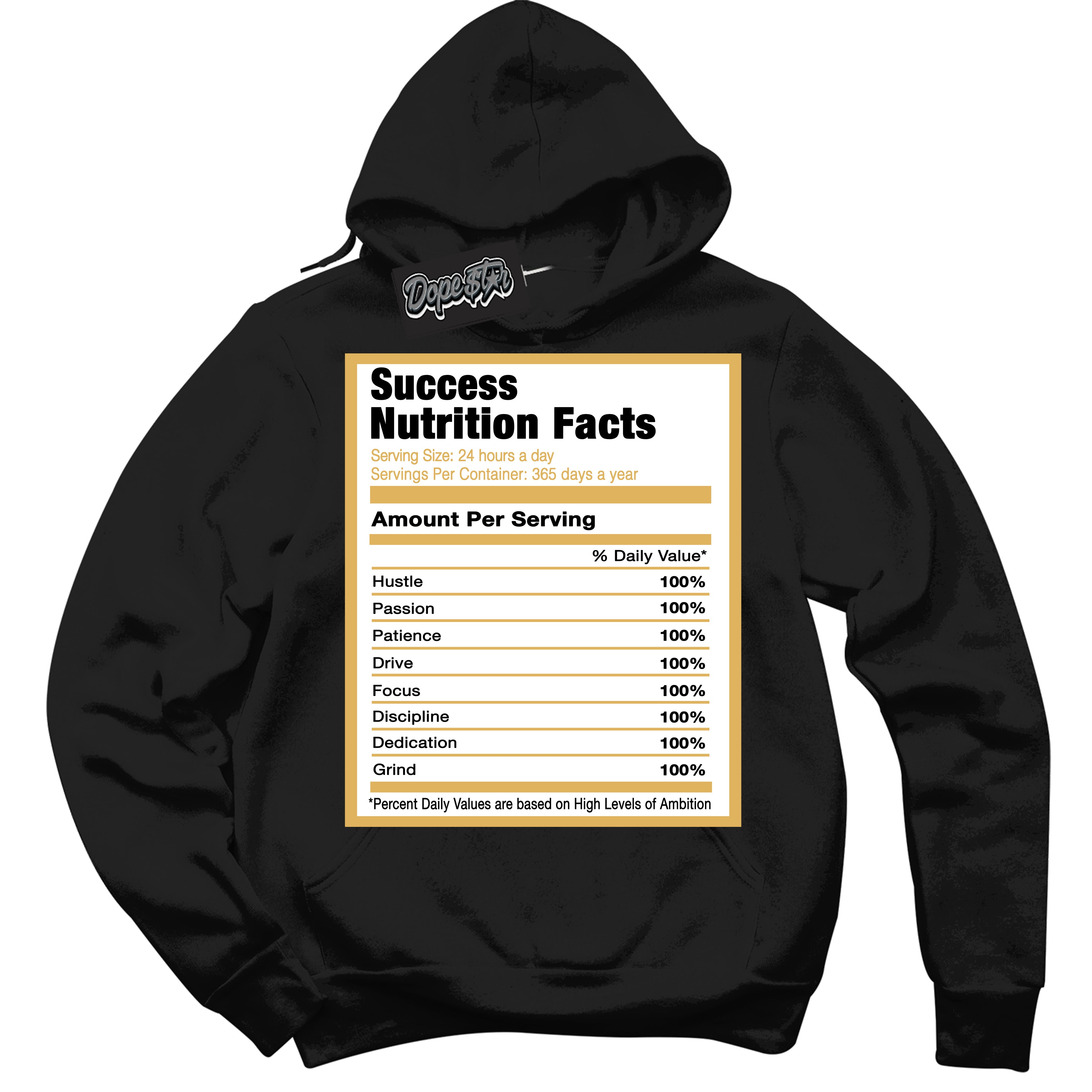 Cool Black Hoodie with “ Success Nutrition ”  design that Perfectly Matches Gold Swoosh 1s Sneakers.
