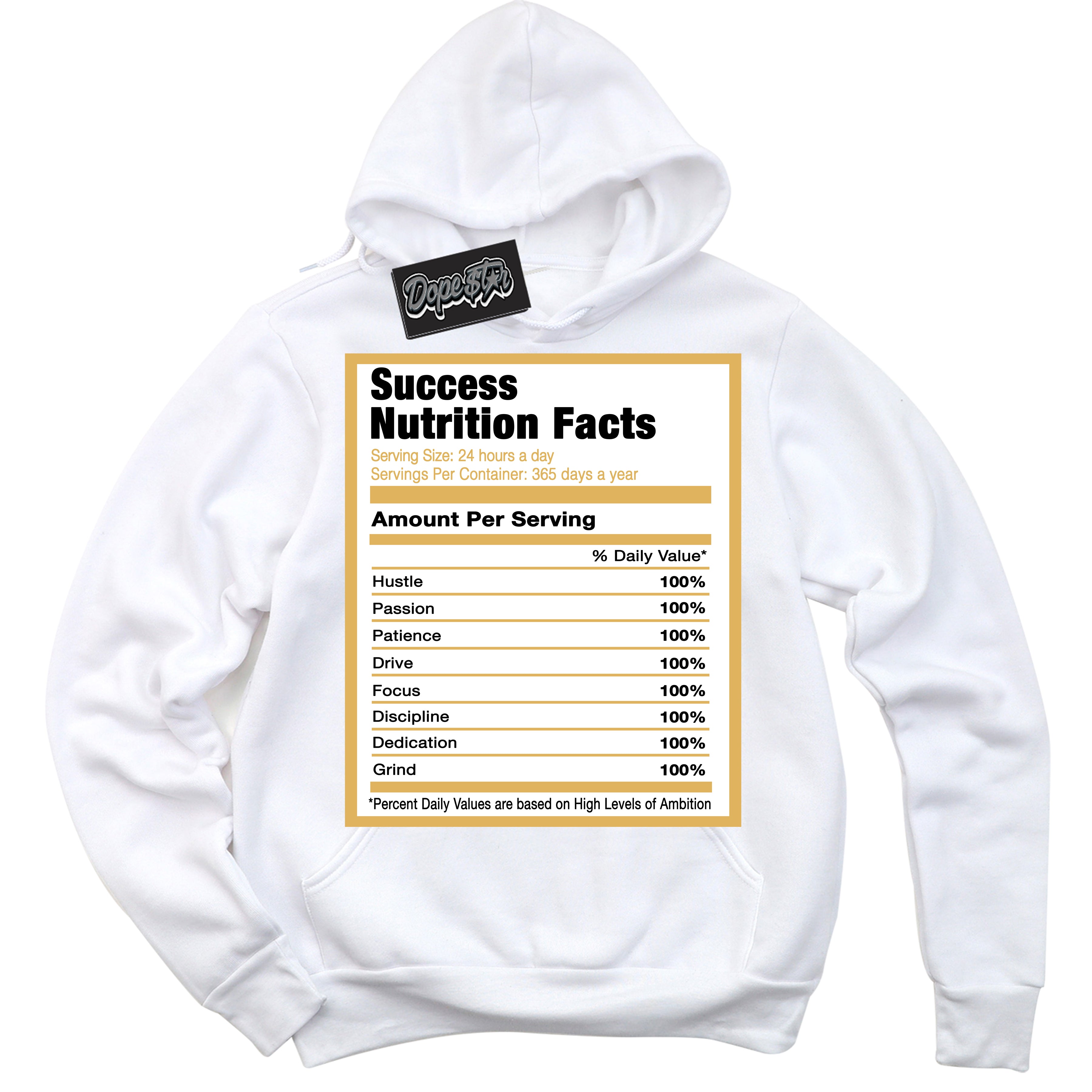 Cool White Hoodie with “ Success Nutrition ”  design that Perfectly Matches Gold Swoosh 1s Sneakers.
