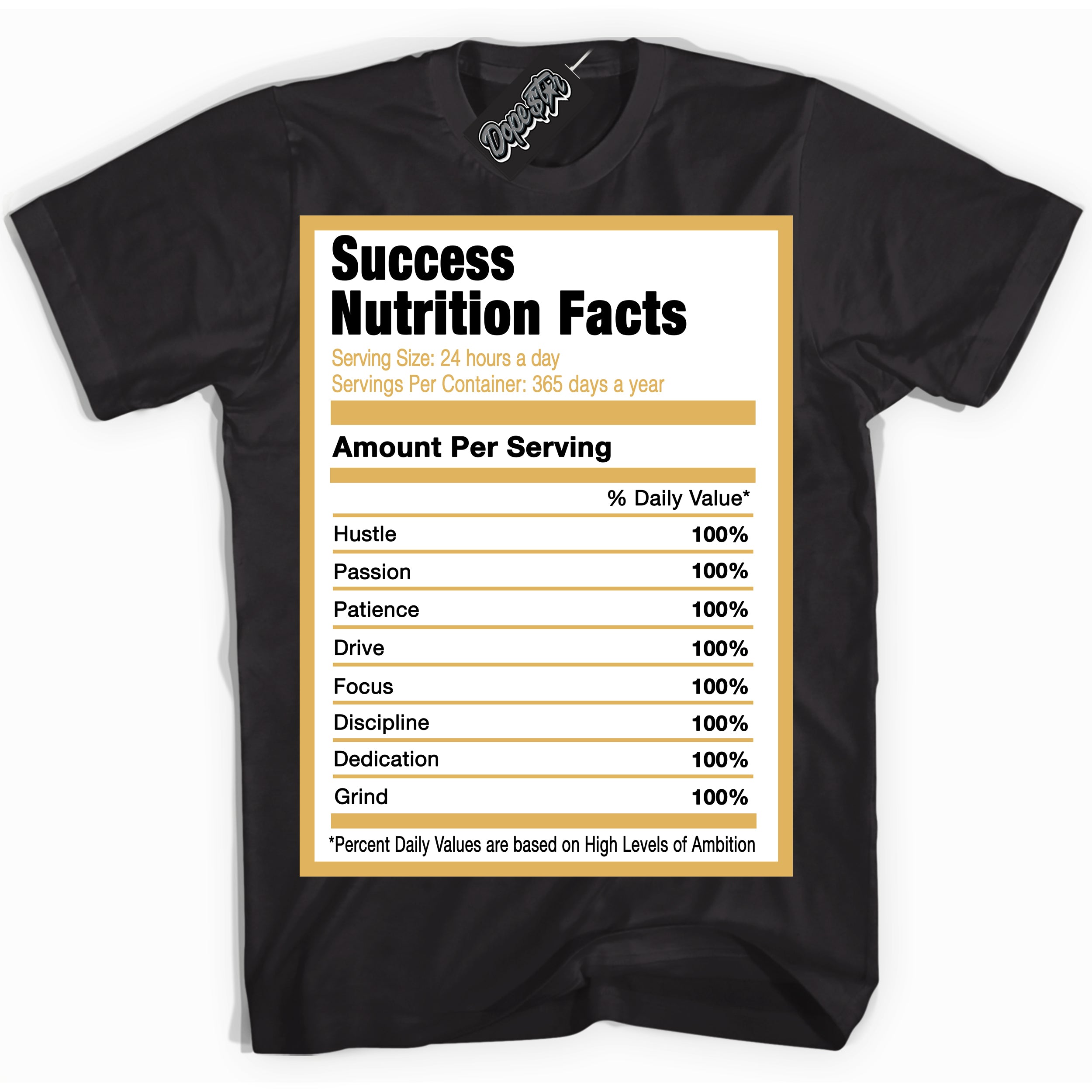 Cool Black Shirt with “ Success Nutrition ” design that perfectly matches Gold Swoosh 1s Sneakers.
