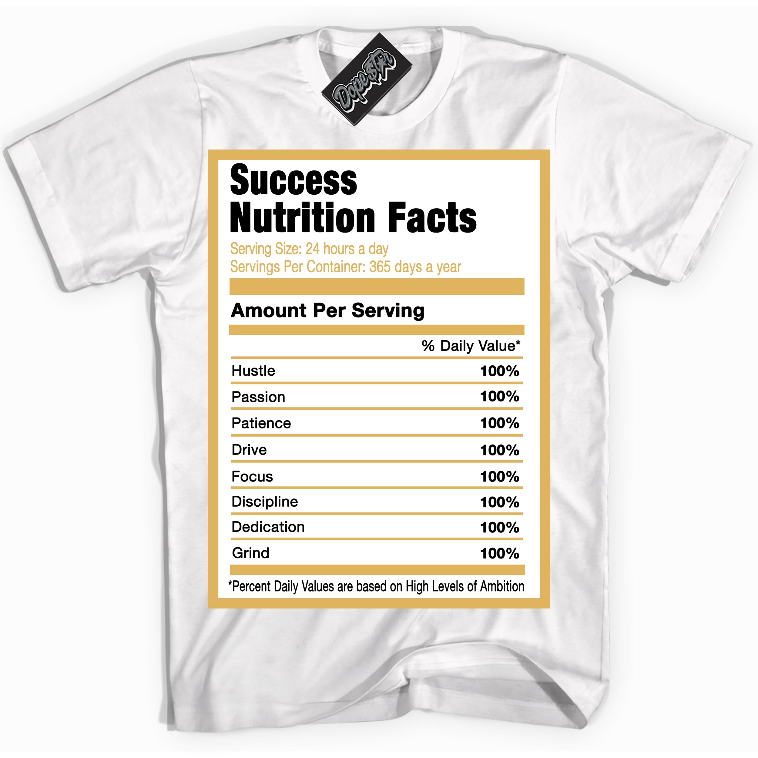 Cool White Shirt with “ Success Nutrition ” design that perfectly matches Gold Swoosh 1s Sneakers.
