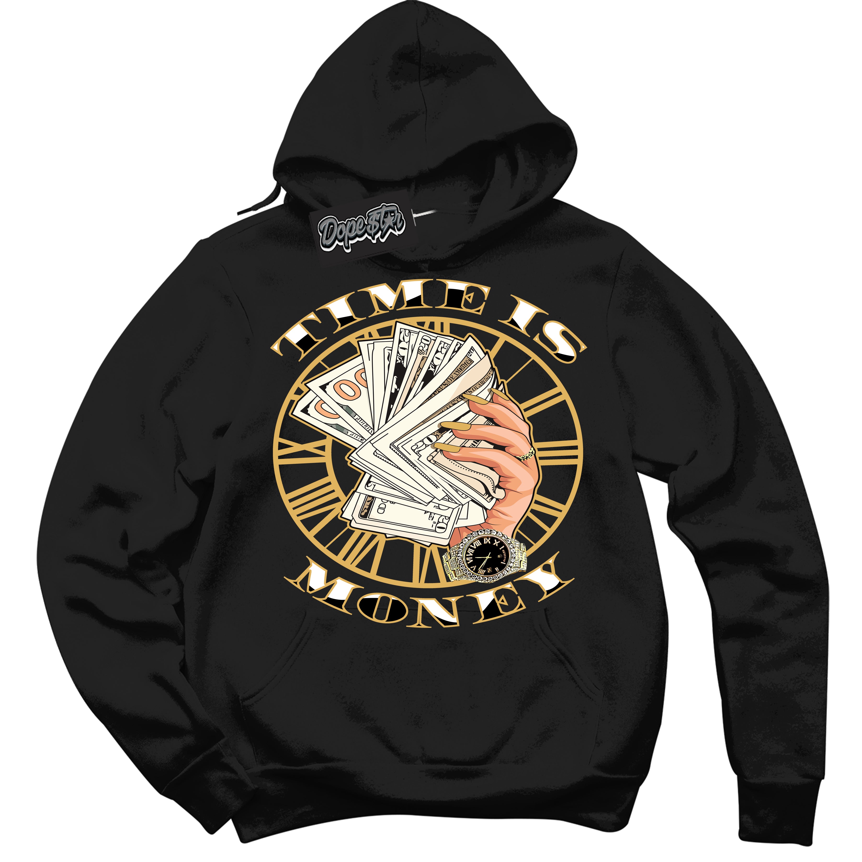 Cool Black Hoodie with “ Time Is Money ”  design that Perfectly Matches Gold Swoosh 1s Sneakers.
