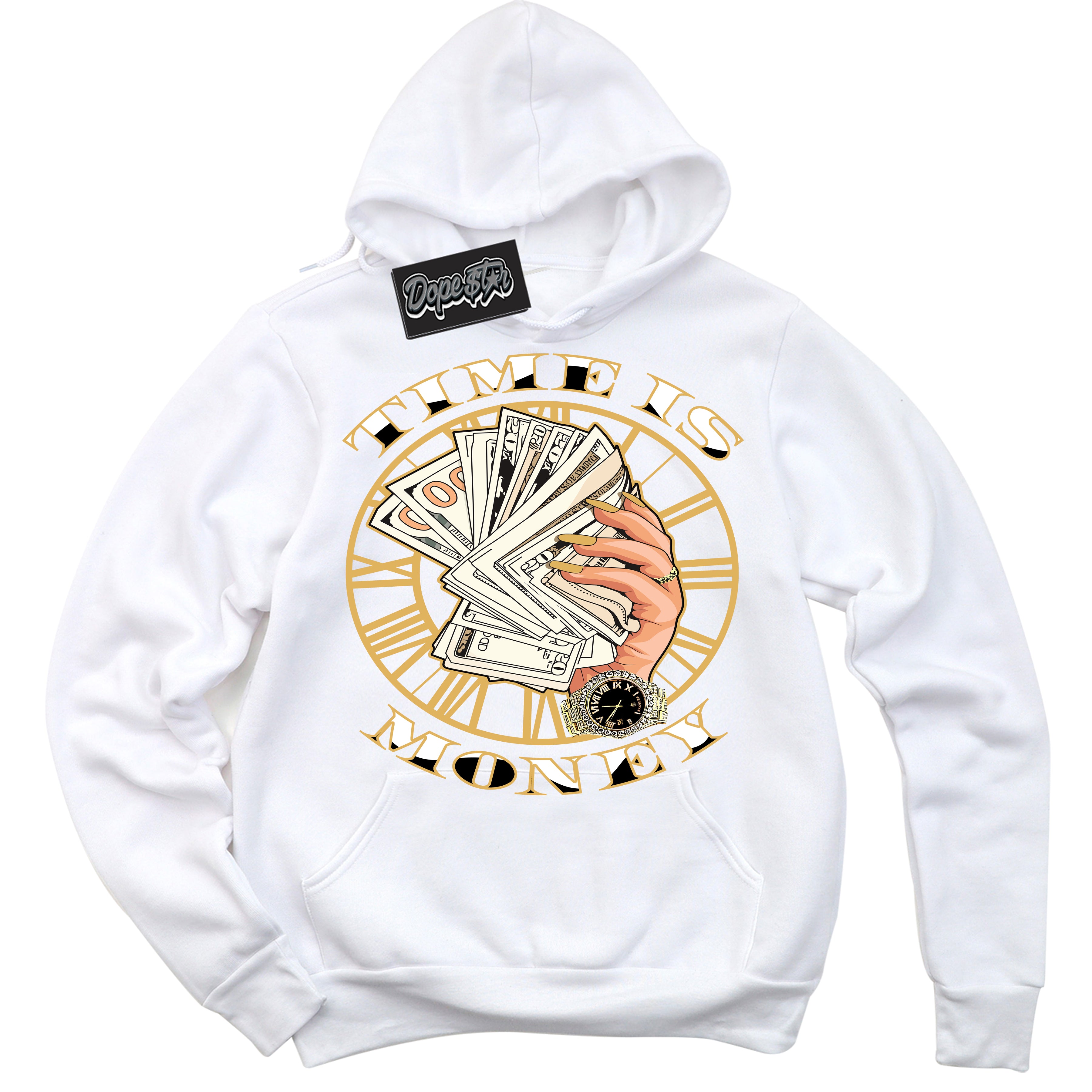 Cool White Hoodie with “ Time Is Money ”  design that Perfectly Matches Gold Swoosh 1s Sneakers.
