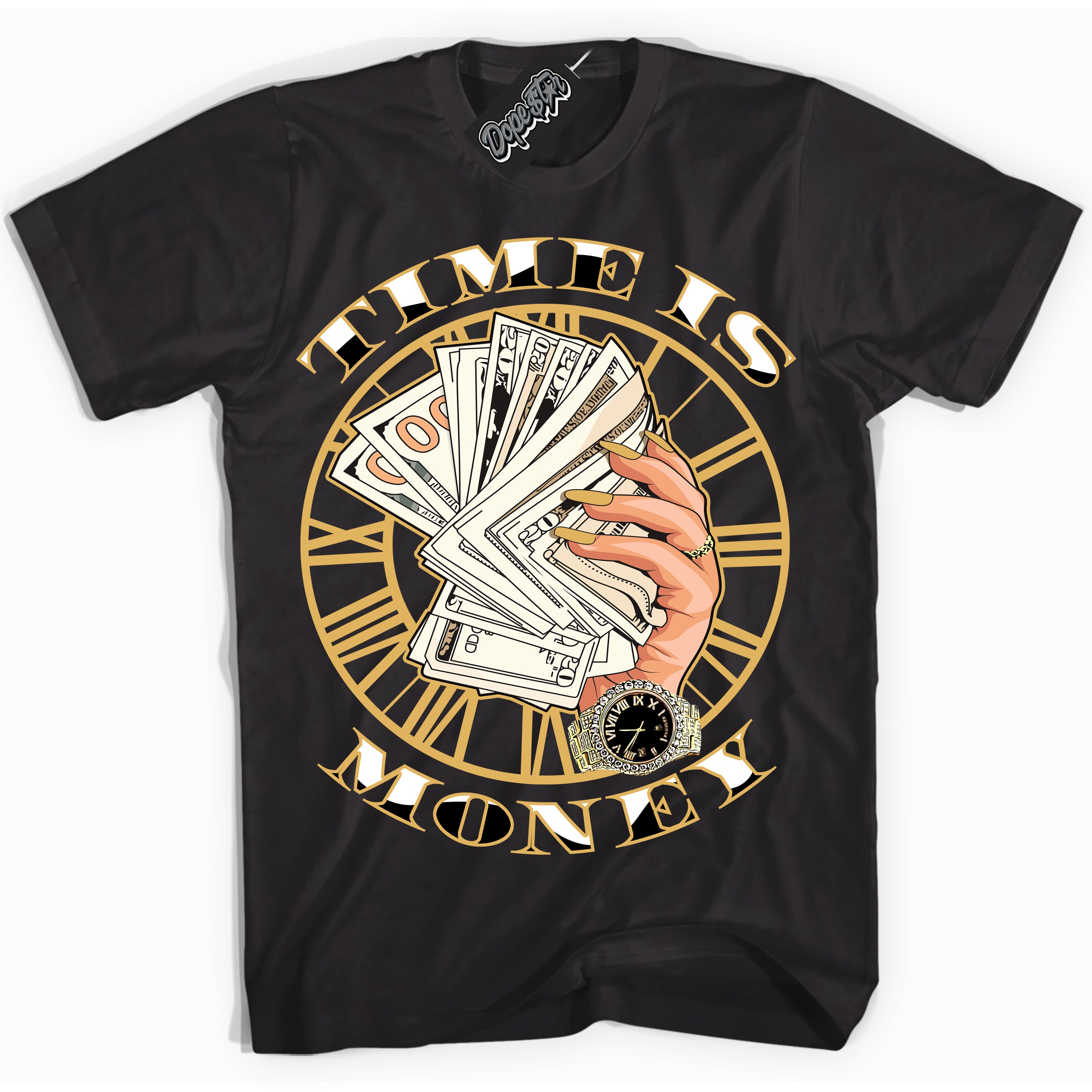 Cool Black Shirt with “ Time Is Money ” design that perfectly matches Gold Swoosh 1s Sneakers.
