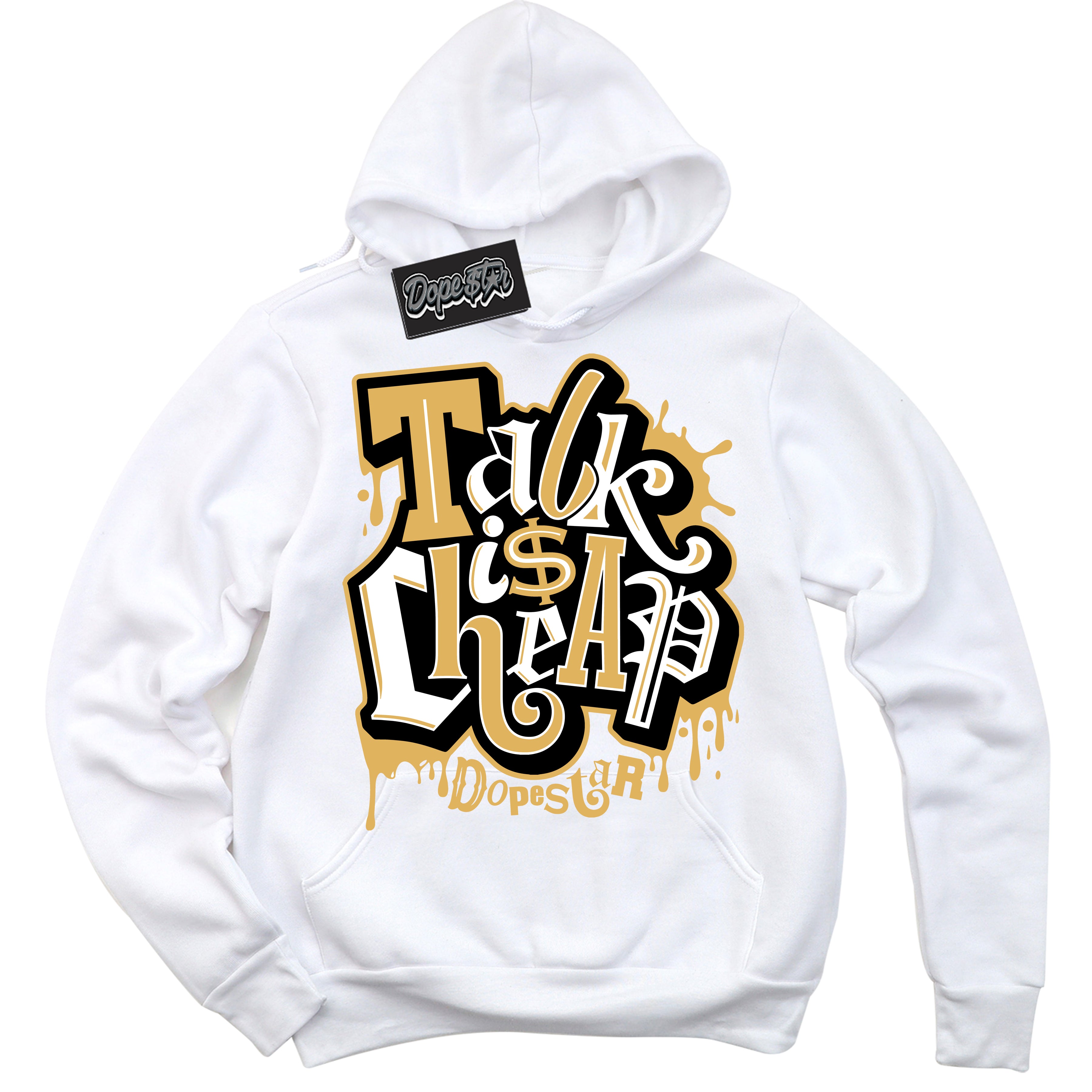 Cool White Hoodie with “ Talk Is Cheap ”  design that Perfectly Matches Gold Swoosh 1s Sneakers.
