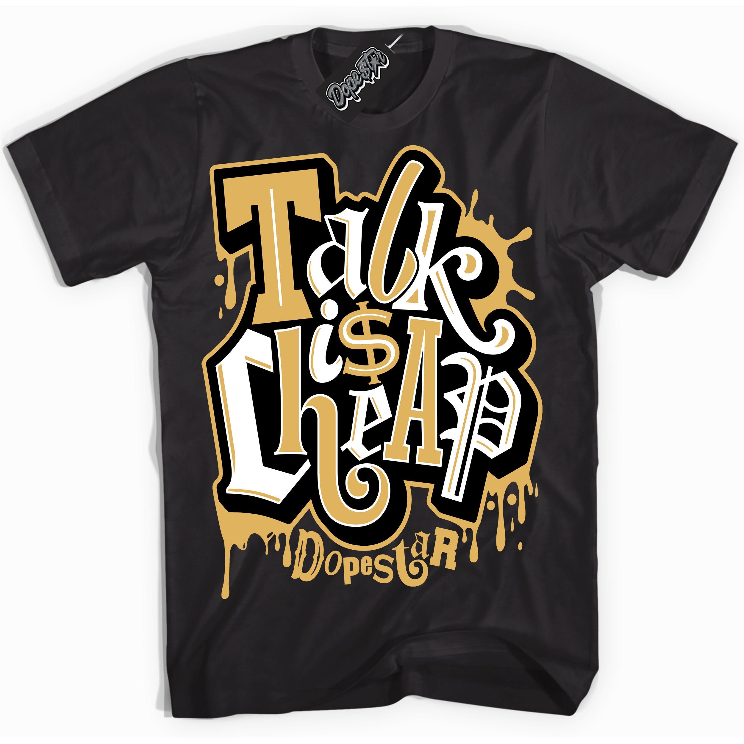 Cool Black Shirt with “ Talk Is Cheap ” design that perfectly matches Gold Swoosh 1s Sneakers.
