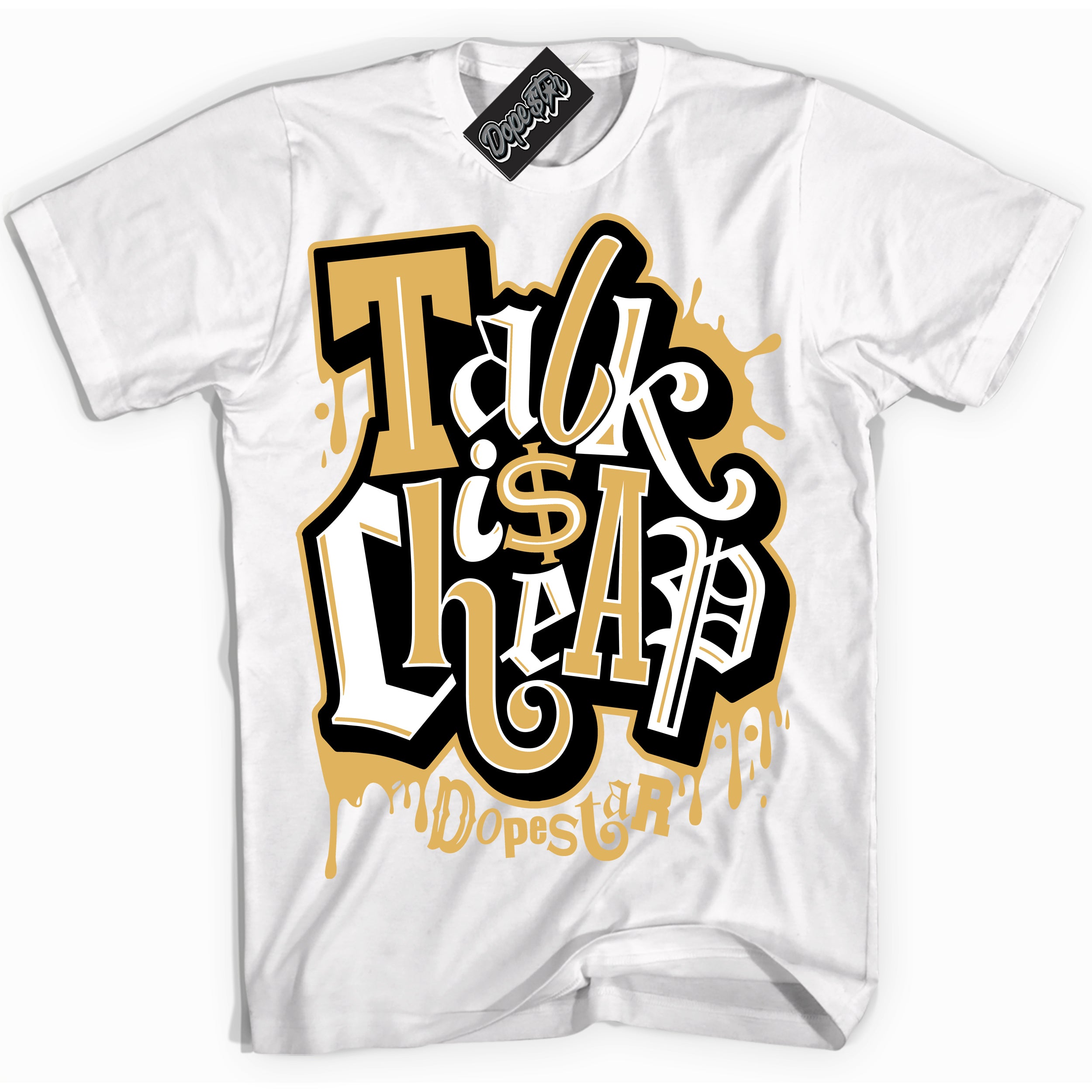 Cool White Shirt with “ Talk Is Cheap ” design that perfectly matches Gold Swoosh 1s Sneakers.
