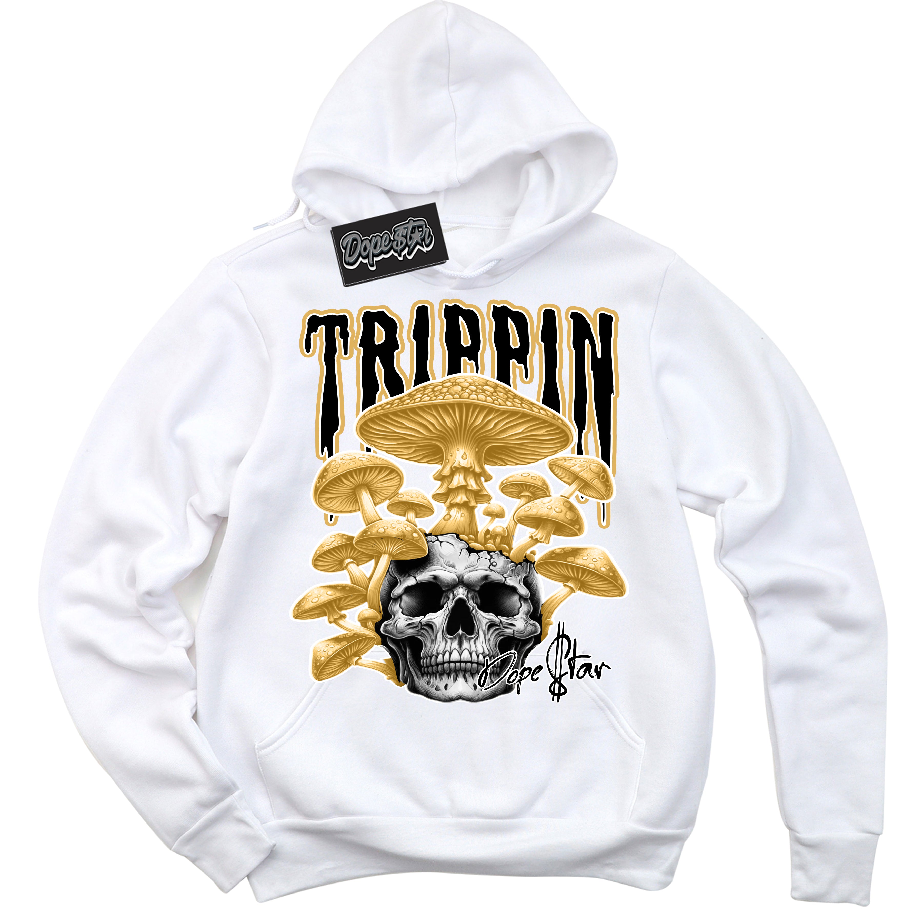 Cool White Hoodie with “ Trippin ”  design that Perfectly Matches Gold Swoosh 1s Sneakers.
