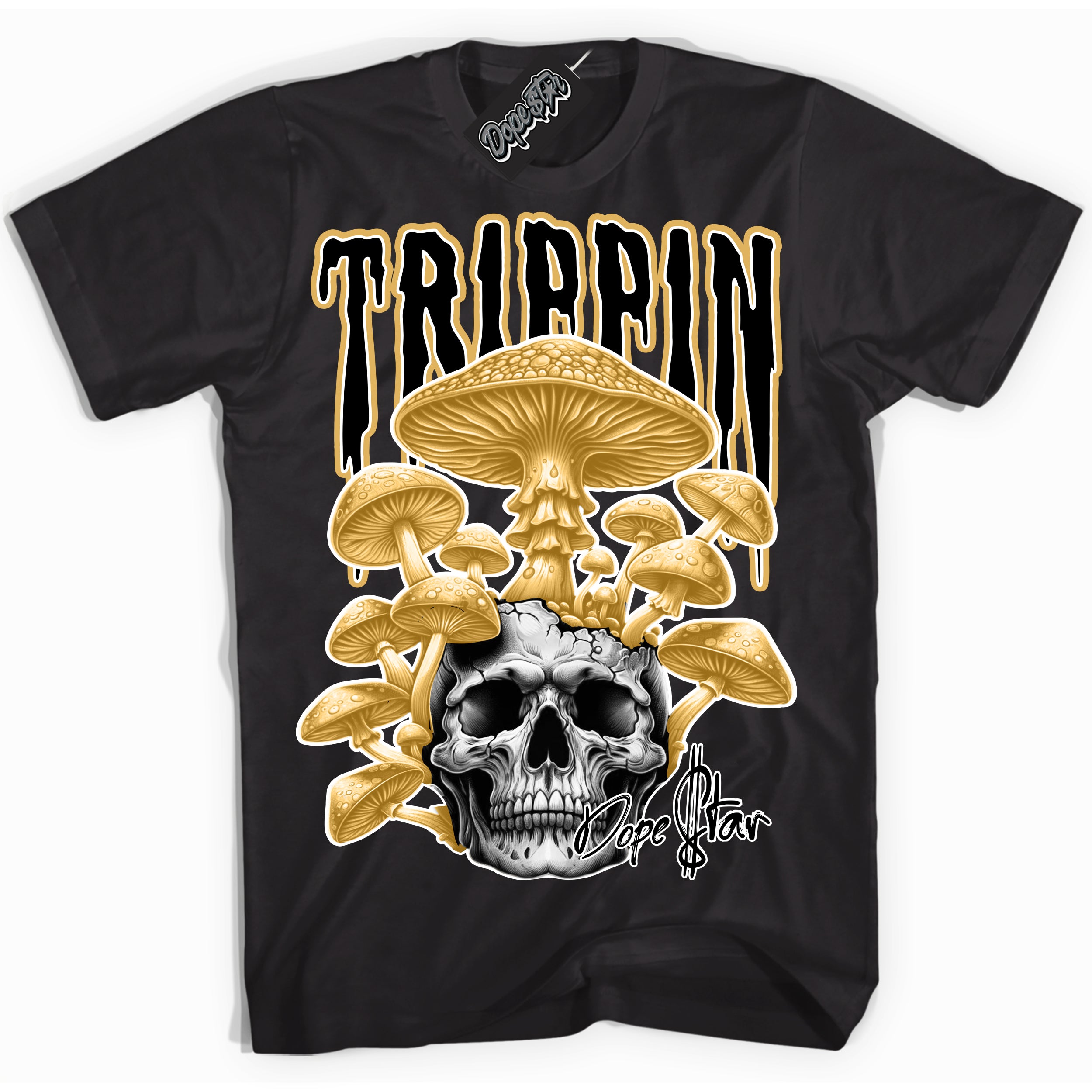 Cool Black Shirt with “ Trippin ” design that perfectly matches Gold Swoosh 1s Sneakers.
