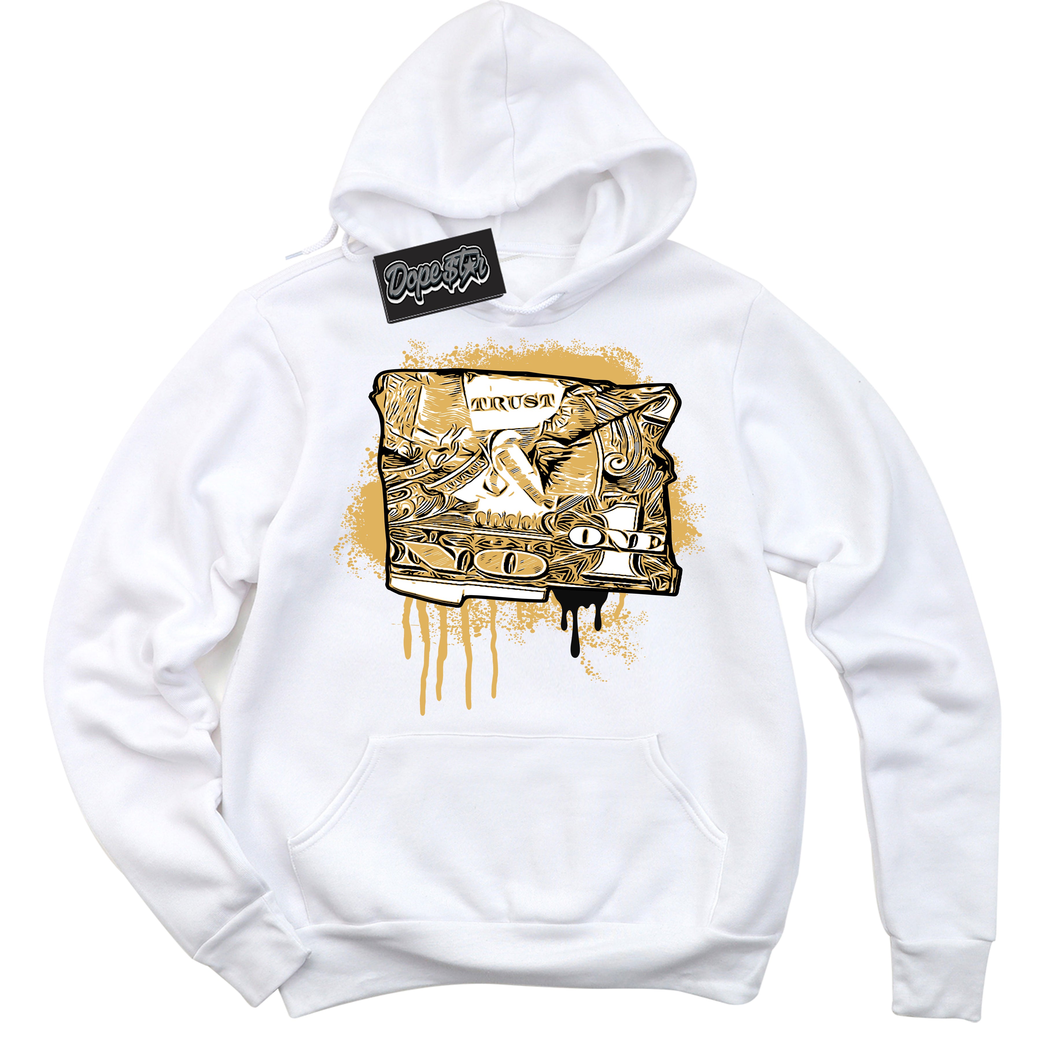 Cool White Hoodie with “ Trust No One Dollar ”  design that Perfectly Matches Gold Swoosh 1s Sneakers.
