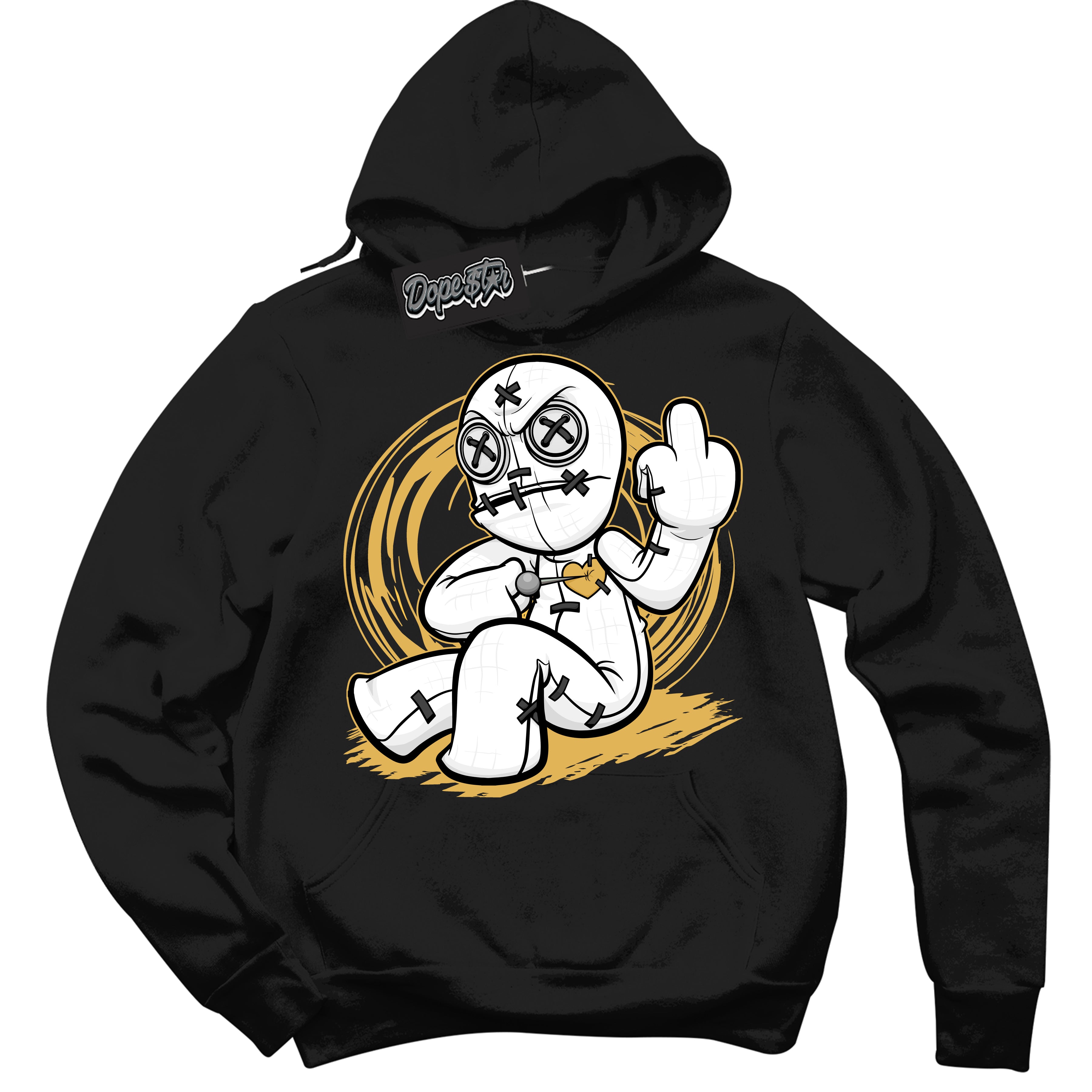 Cool Black Hoodie with “ Voodoo Doll ”  design that Perfectly Matches Gold Swoosh 1s Sneakers.
