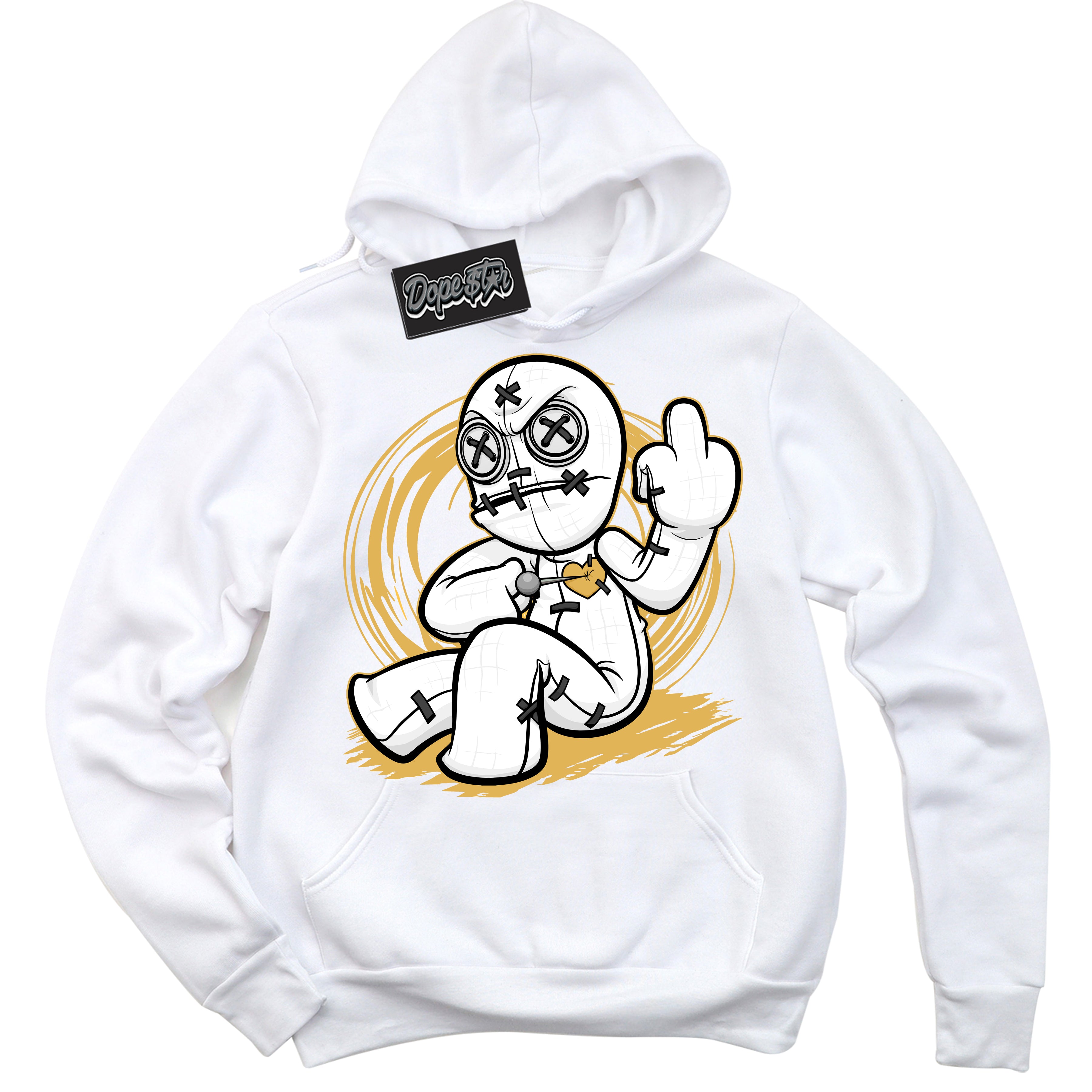 Cool White Hoodie with “ Voodoo Doll ”  design that Perfectly Matches Gold Swoosh 1s Sneakers.
