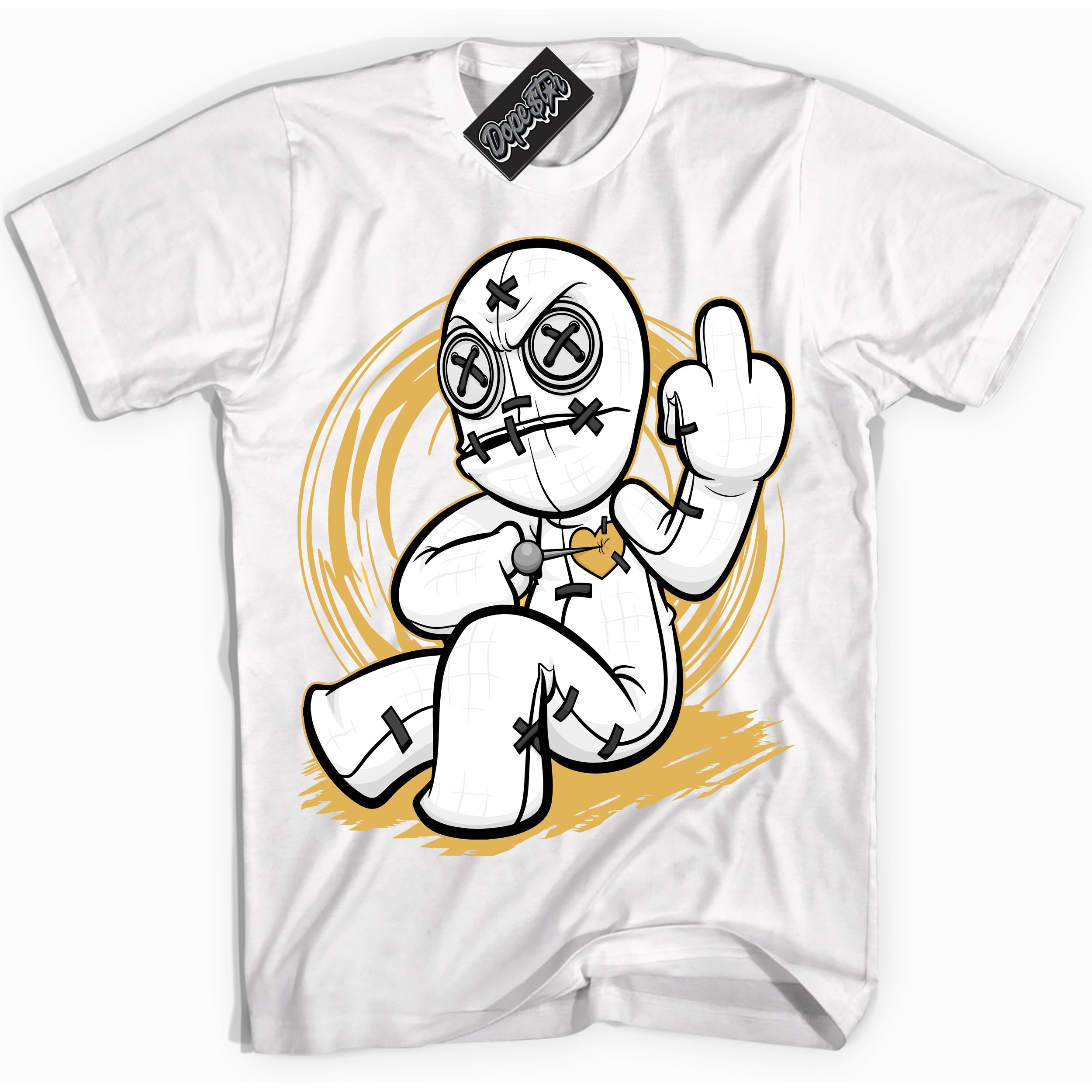 Cool White Shirt with “ Voodoo Doll ” design that perfectly matches Gold Swoosh 1s Sneakers.
