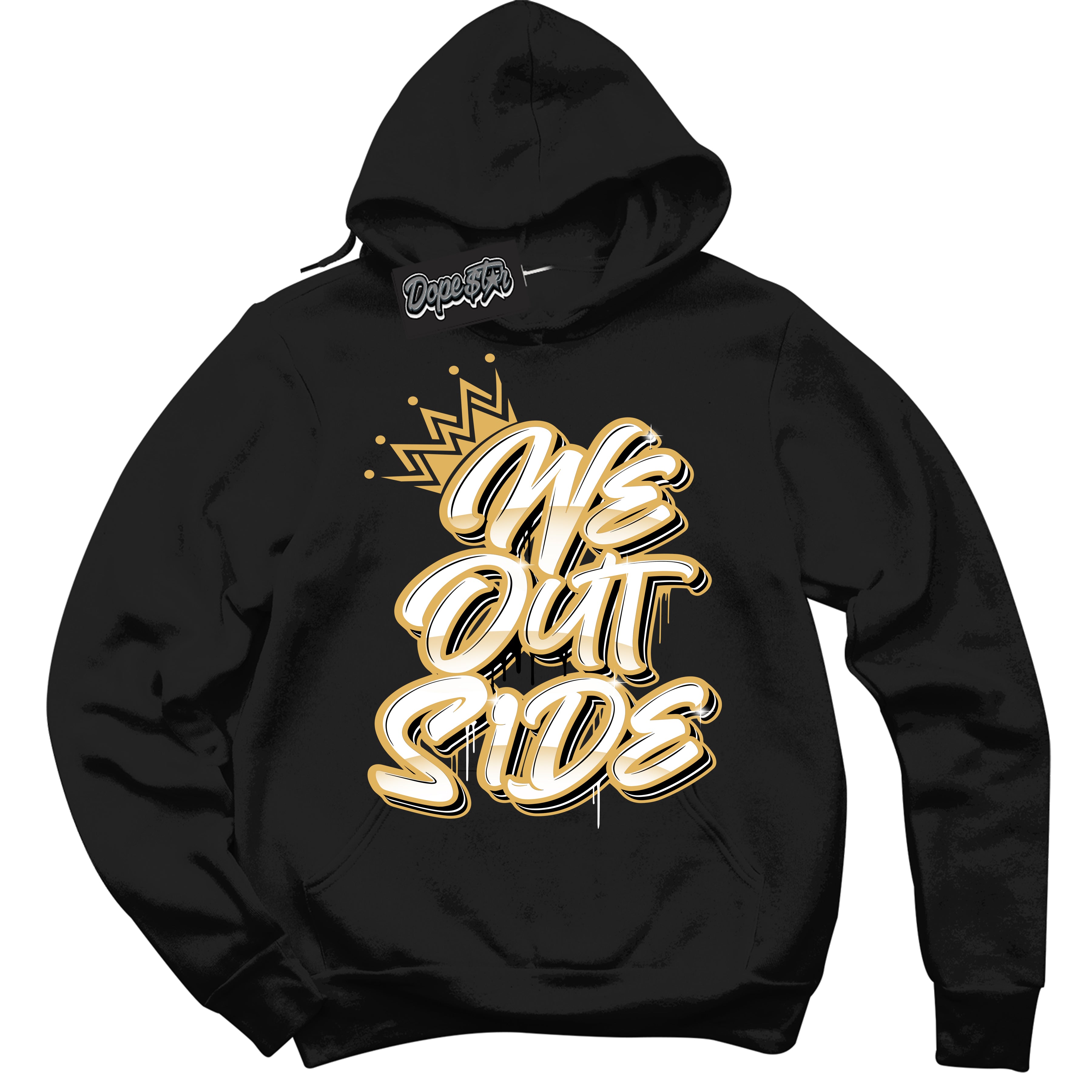 Cool Black Hoodie with “ We Outside ”  design that Perfectly Matches Gold Swoosh 1s Sneakers.