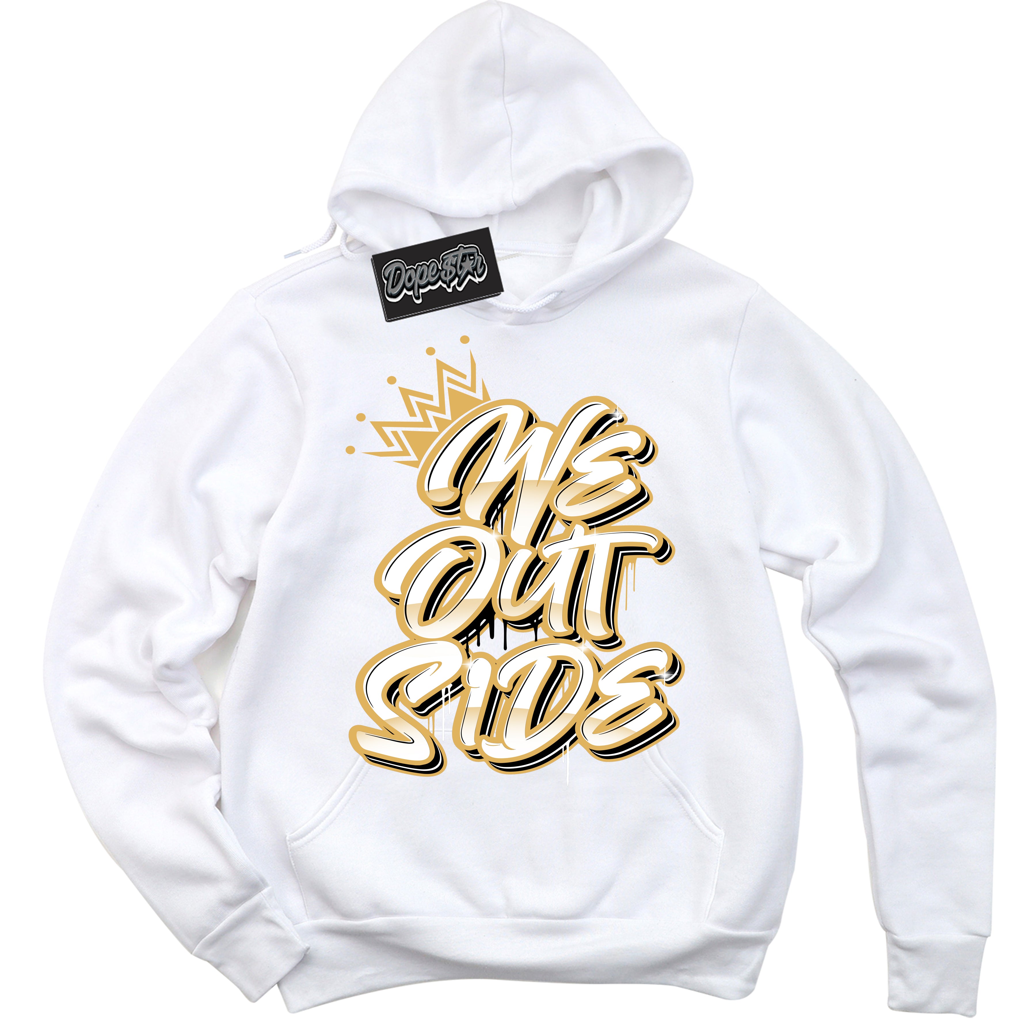 Cool White Hoodie with “ We Outside ”  design that Perfectly Matches Gold Swoosh 1s Sneakers.
