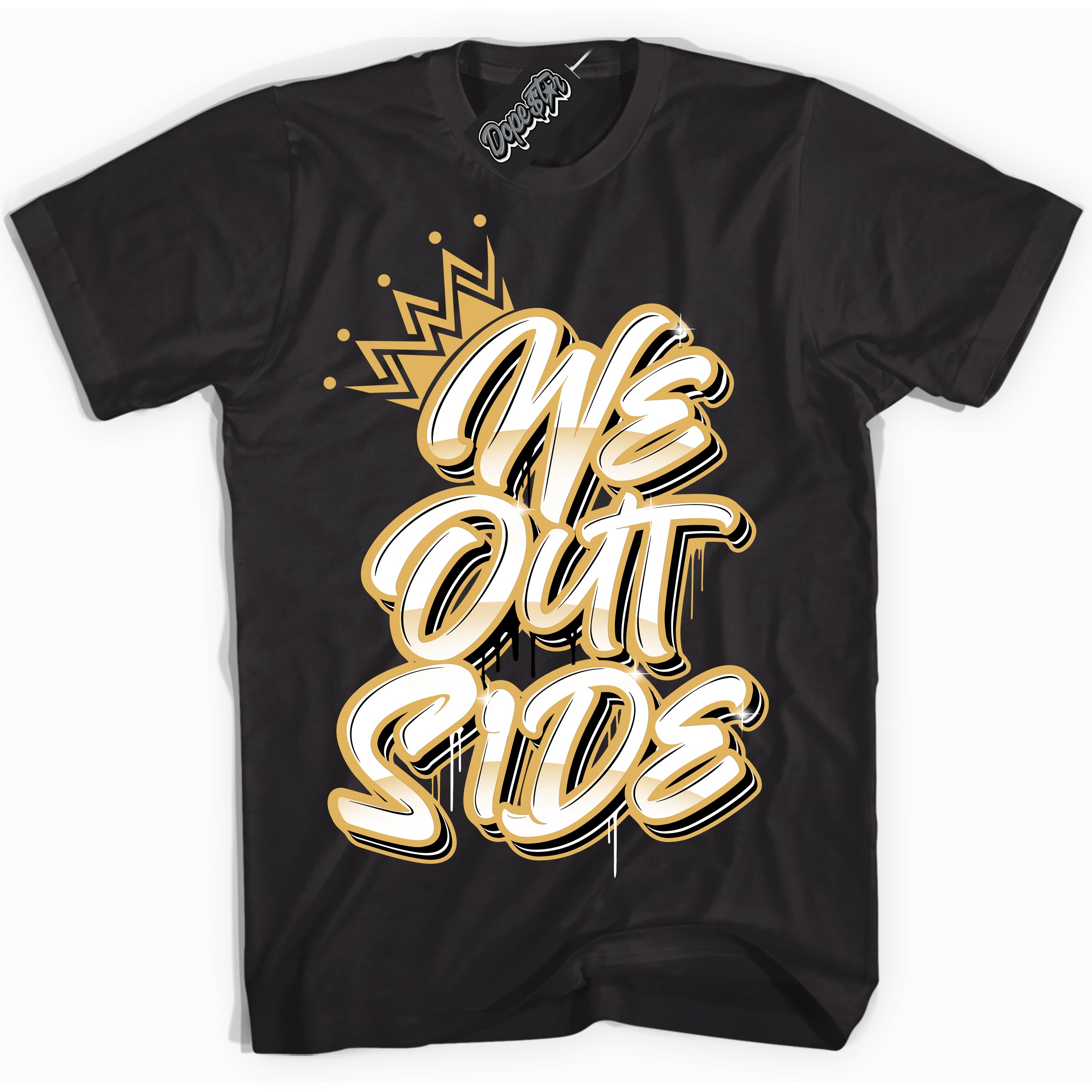 Cool Black Shirt with “ We Outside ” design that perfectly matches Gold Swoosh 1s Sneakers.
