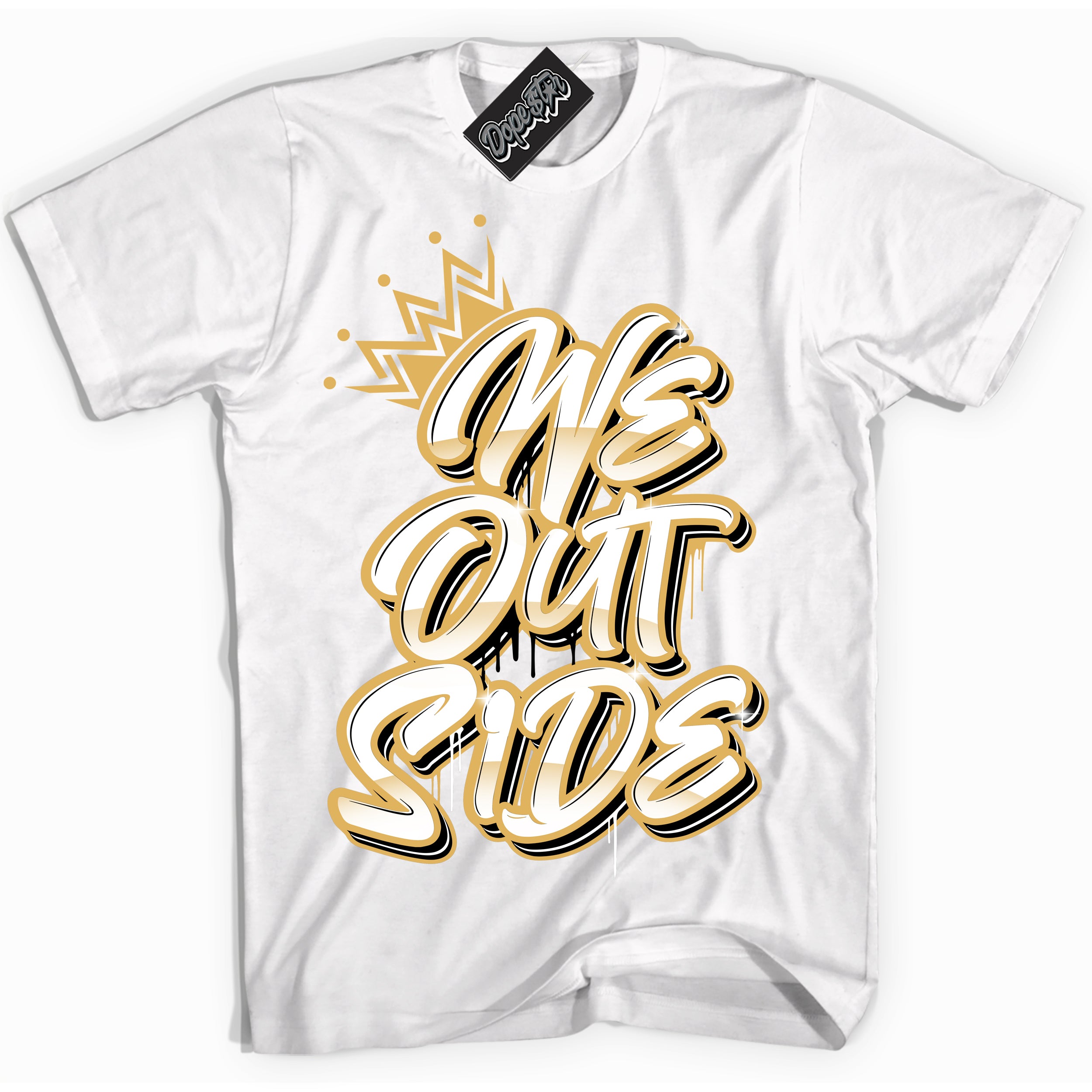 Cool White Shirt with “ We Outside ” design that perfectly matches Gold Swoosh 1s Sneakers.
