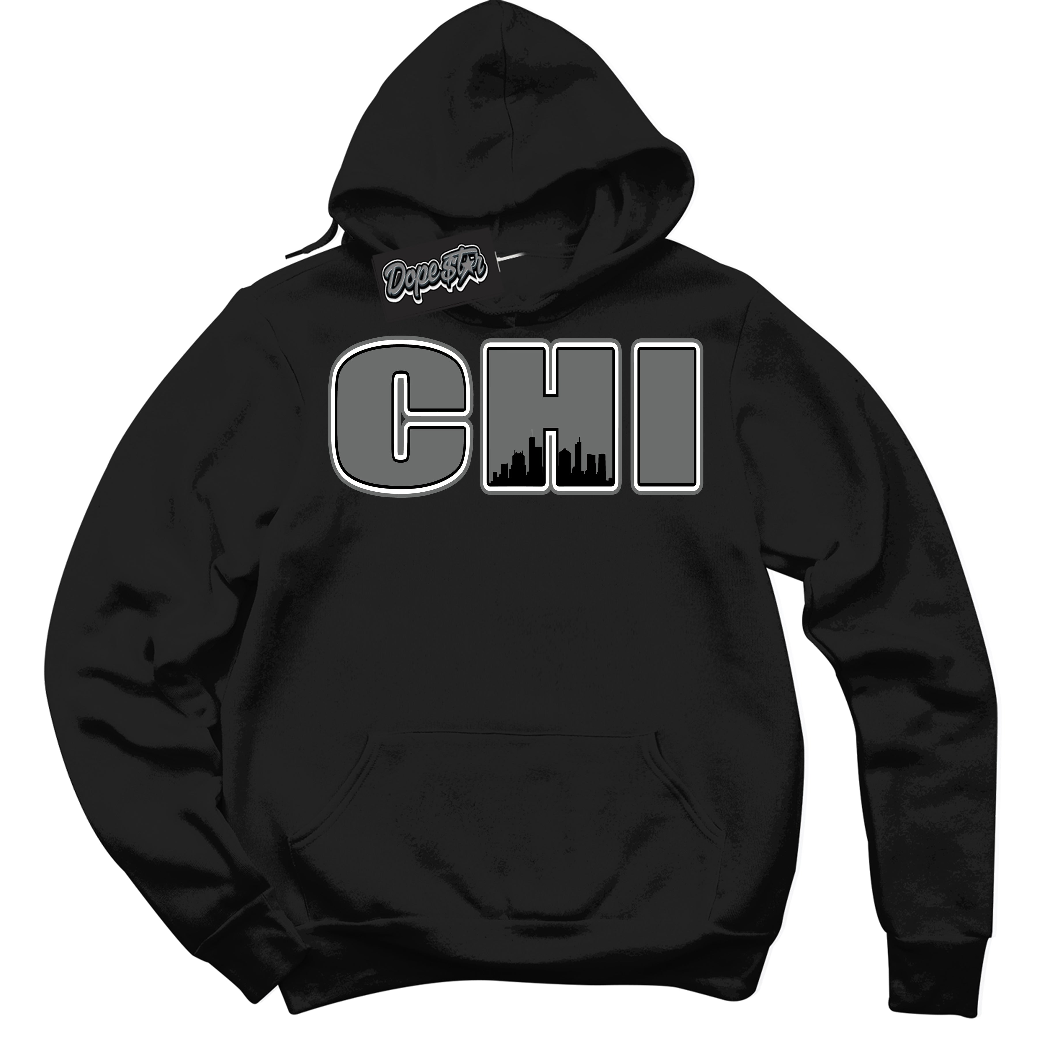 Cool Black Hoodie with “Chicago” design that Perfectly Matches Iron Grey 1s Jordans.