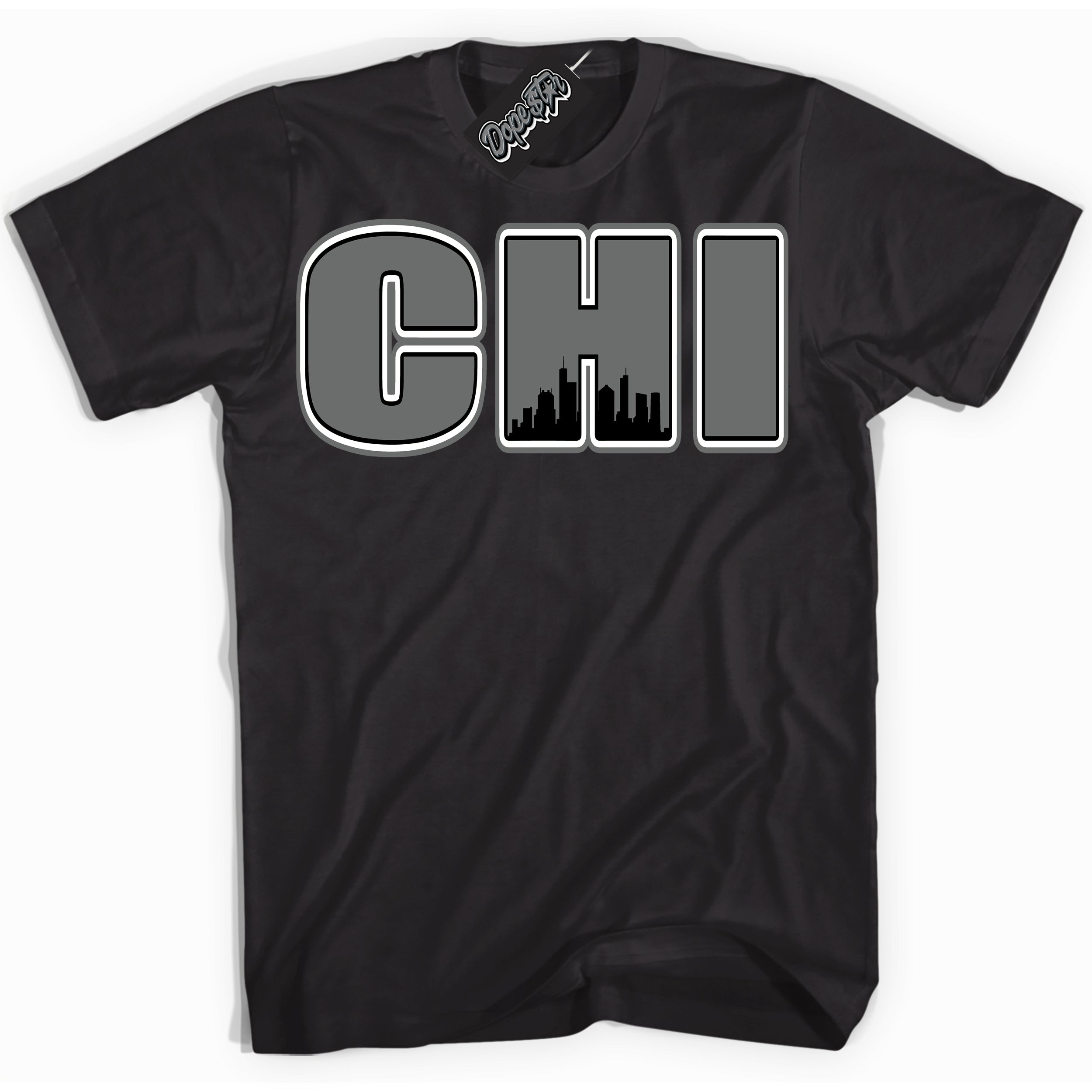 Cool Black Shirt with “Chicago” design that perfectly matches the Iron Grey 1s Jordans.