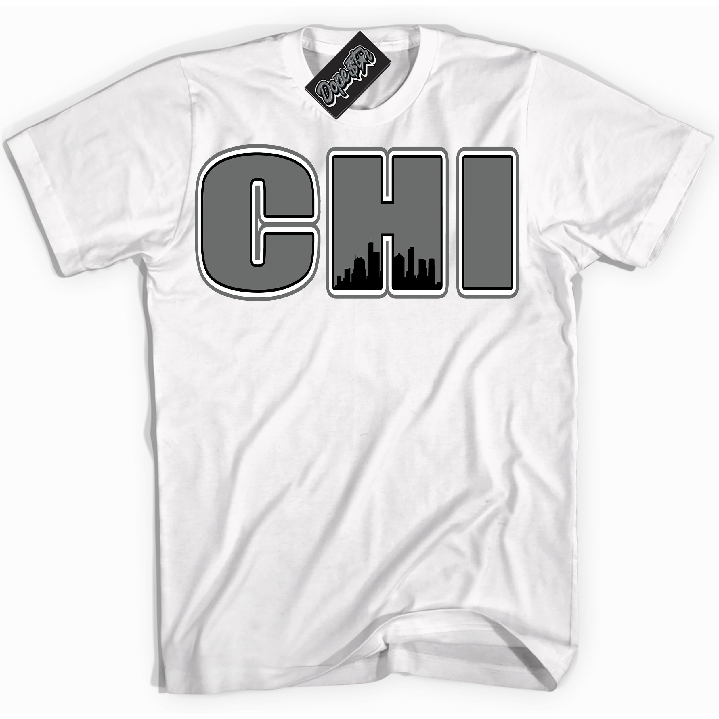 Cool White Shirt with “Chicago” design that perfectly matches the Iron Grey 1s Jordans.