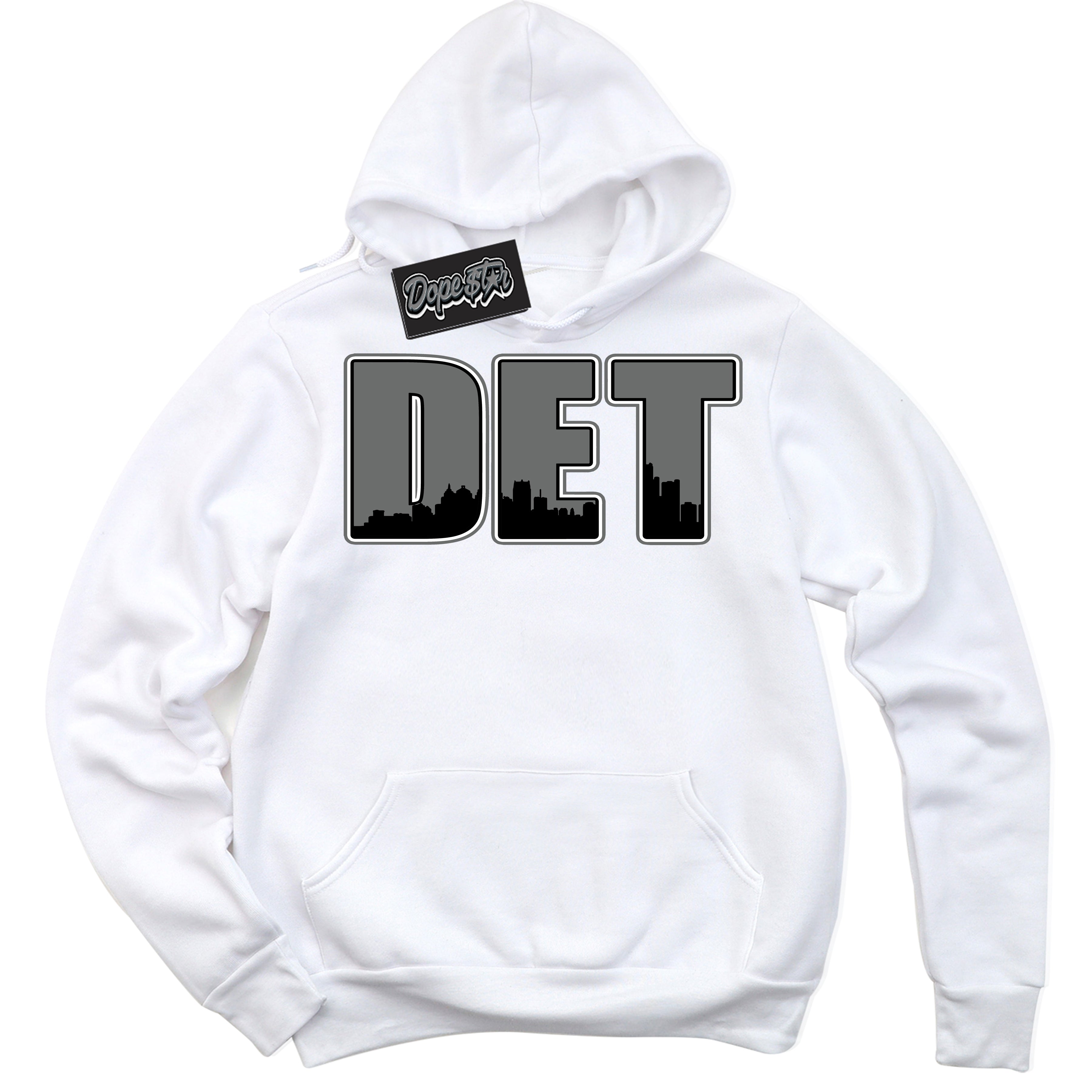 Cool White Hoodie with “Detroit” design that Perfectly Matches Iron Grey 1s Jordans.