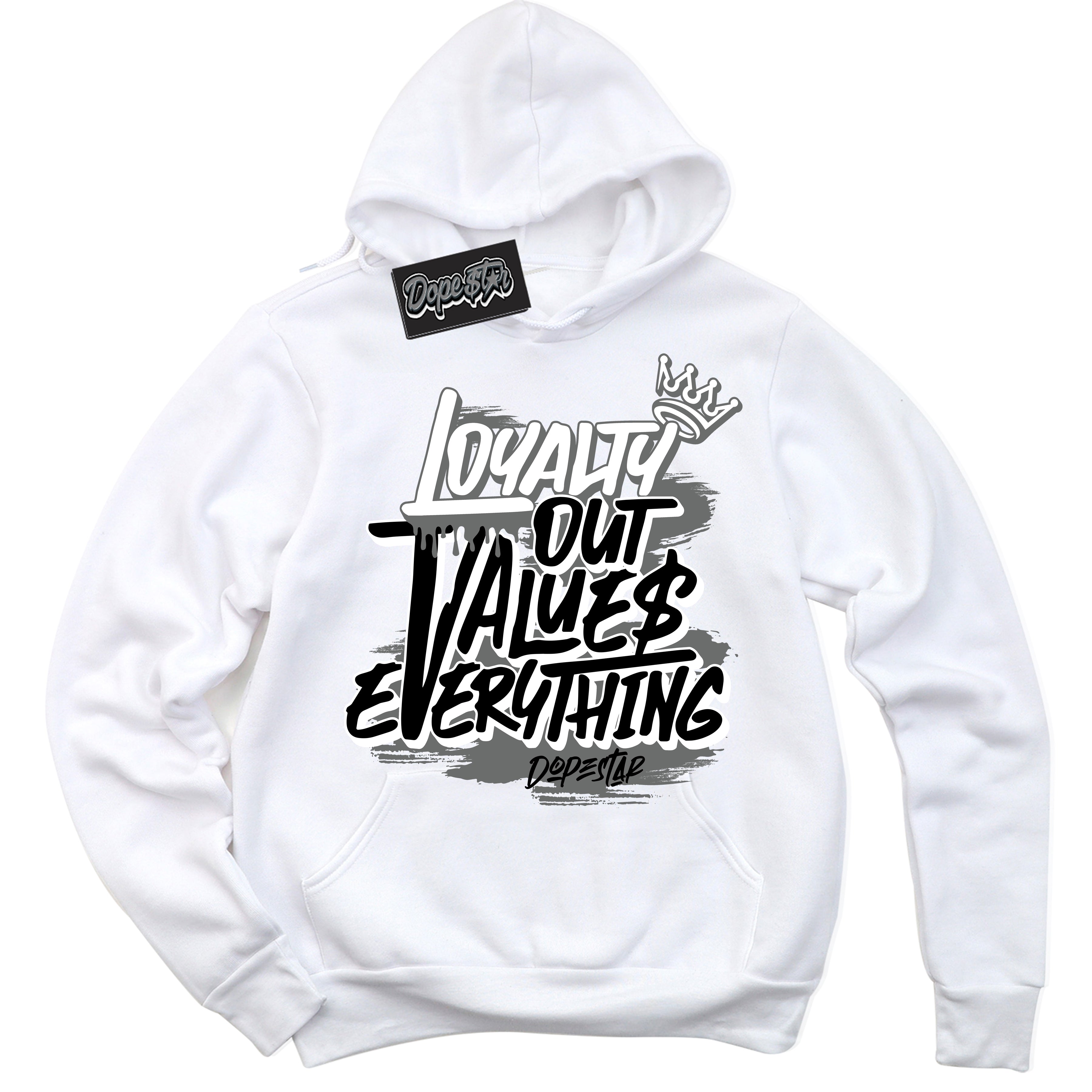 AJ1 Low Iron Grey 'Loyalty Out Values Everything' Hoodie- White Streetwear Mockup | Sneakerhead Hoodie Matching Iron Grey AJ1 Lows | Limited Edition Jordan 1 Iron Grey hoodie for Men & Women | Drip with Your Iron Grey 1s Kicks | Sneaker head Fashion Must-Have.