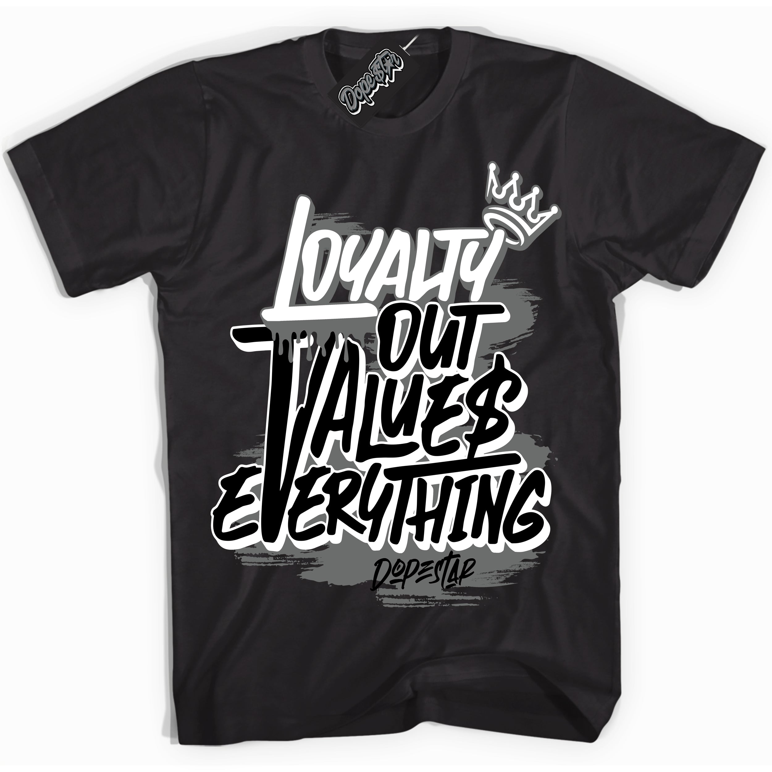 AJ1 Low Iron Grey 'Loyalty Out Values Everything' Shirt - Black Streetwear Mockup | Sneakerhead T-shirt Matching Iron Grey AJ1 Lows | Limited Edition Jordan 1 Iron Grey Shirt for Men & Women | Drip with Your Iron Grey 1s Kicks | Sneaker head Fashion Must-Have.