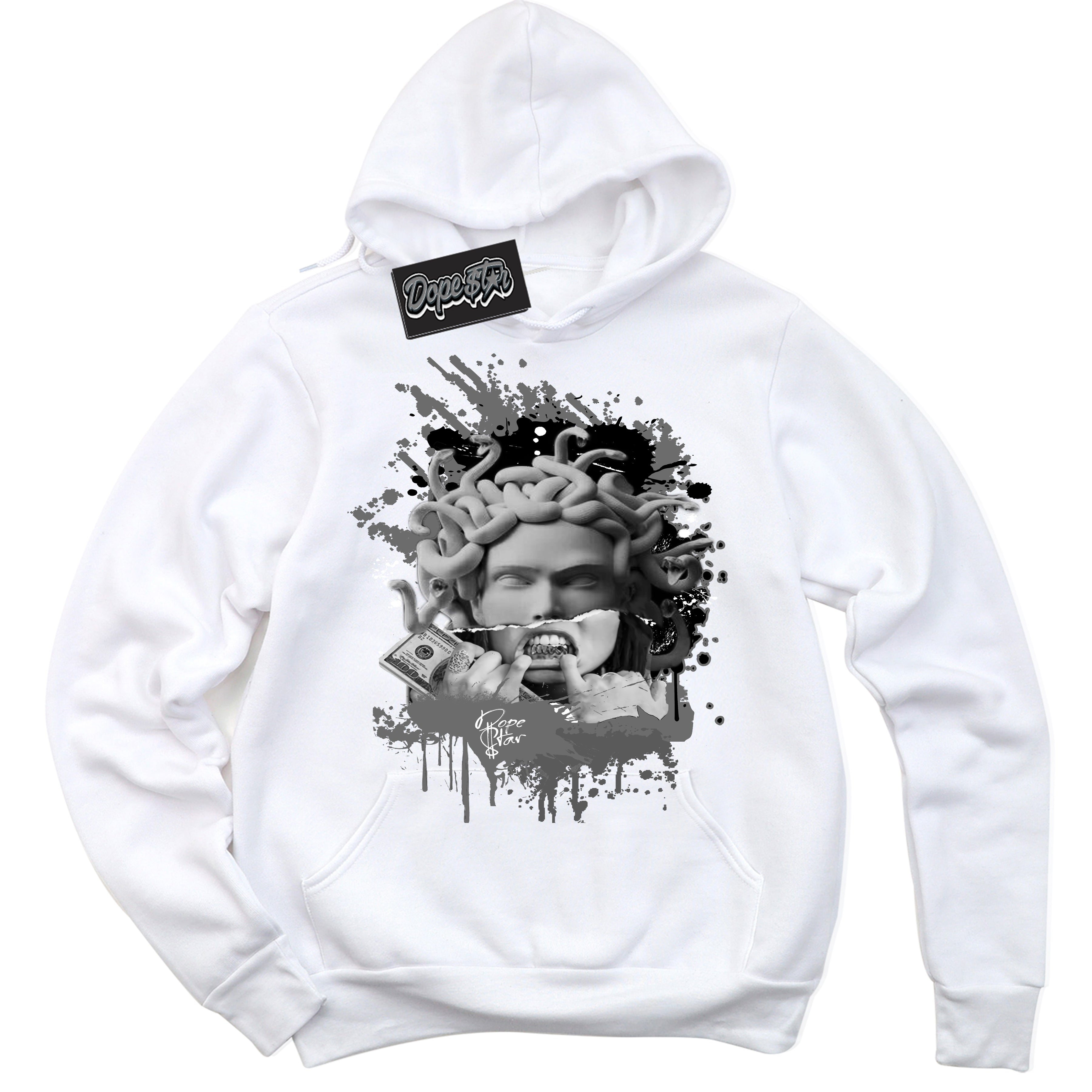 Iron Grey 1s 'Medusa' Hoodie - White Streetwear Mockup | Sneakerhead Sweatshirt Matching Iron Grey 1s | Limited Edition Urban Streetwear for Sneaker Matching OOTD | Outfits that pair perfectly with your Iron Grey 1s | Sneakerhead Fashion Must-Have Apparel for Men and Women.