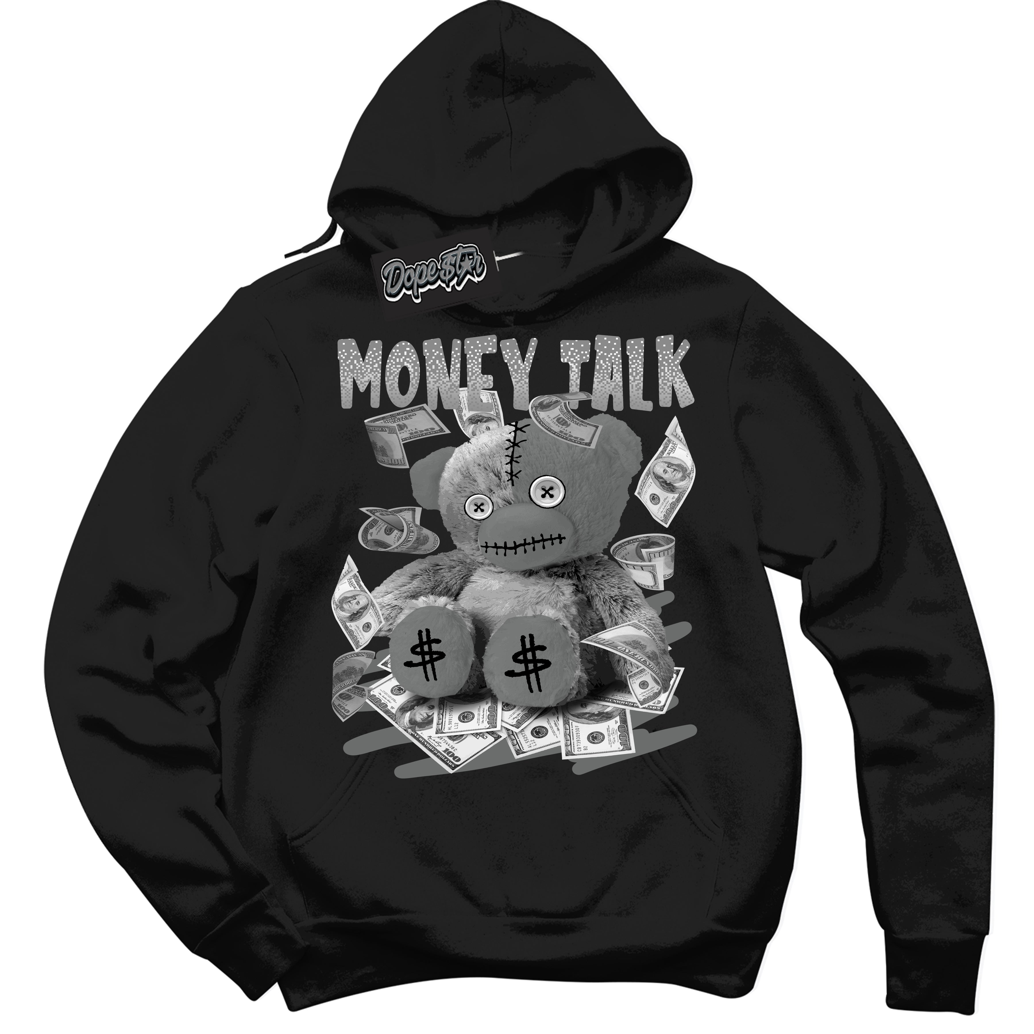 AJ1 Low Iron Grey 'Money Talk Bear' Hoodie- Black Streetwear Mockup | Sneakerhead Hoodie Matching Iron Grey AJ1 Lows | Limited Edition Jordan 1 Iron Grey hoodie for Men & Women | Drip with Your Iron Grey 1s Kicks | Sneaker head Fashion Must-Have.