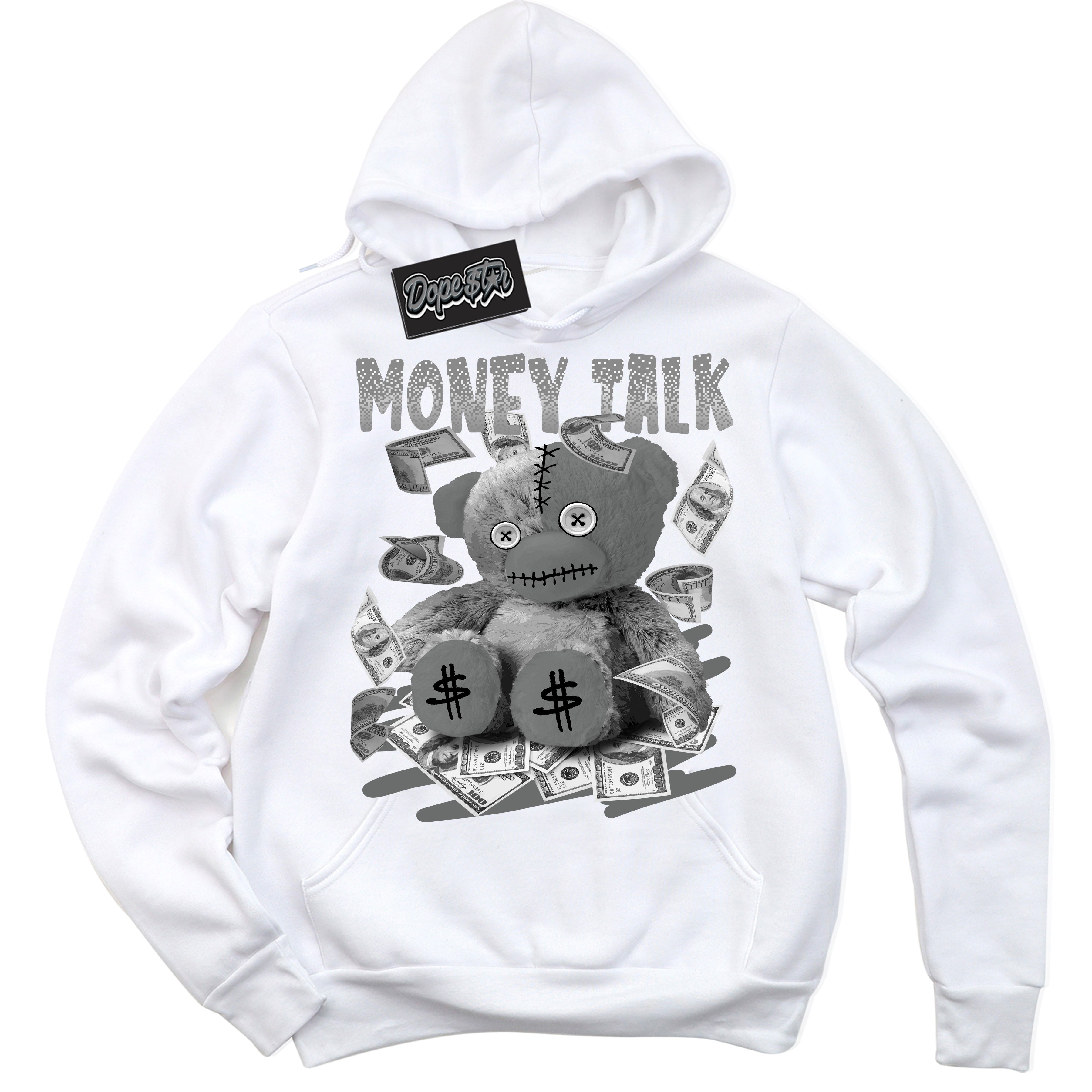 AJ1 Low Iron Grey 'Money Talk Bear' Hoodie- White Streetwear Mockup | Sneakerhead Hoodie Matching Iron Grey AJ1 Lows | Limited Edition Jordan 1 Iron Grey hoodie for Men & Women | Drip with Your Iron Grey 1s Kicks | Sneaker head Fashion Must-Have.