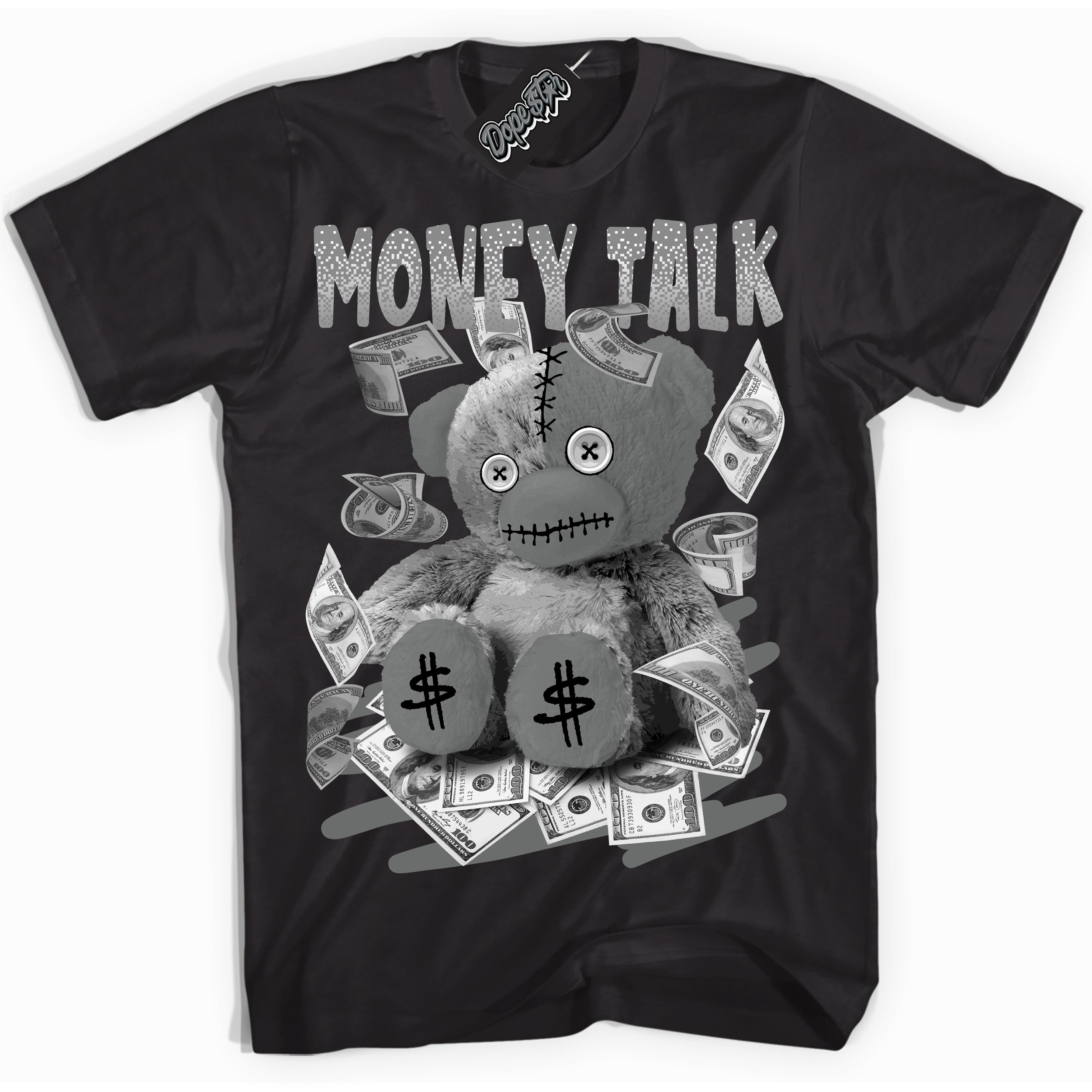 AJ1 Low Iron Grey 'Money Talk Bear' Shirt - Black Streetwear Mockup | Sneakerhead T-shirt Matching Iron Grey AJ1 Lows | Limited Edition Jordan 1 Iron Grey Shirt for Men & Women | Drip with Your Iron Grey 1s Kicks | Sneaker head Fashion Must-Have.