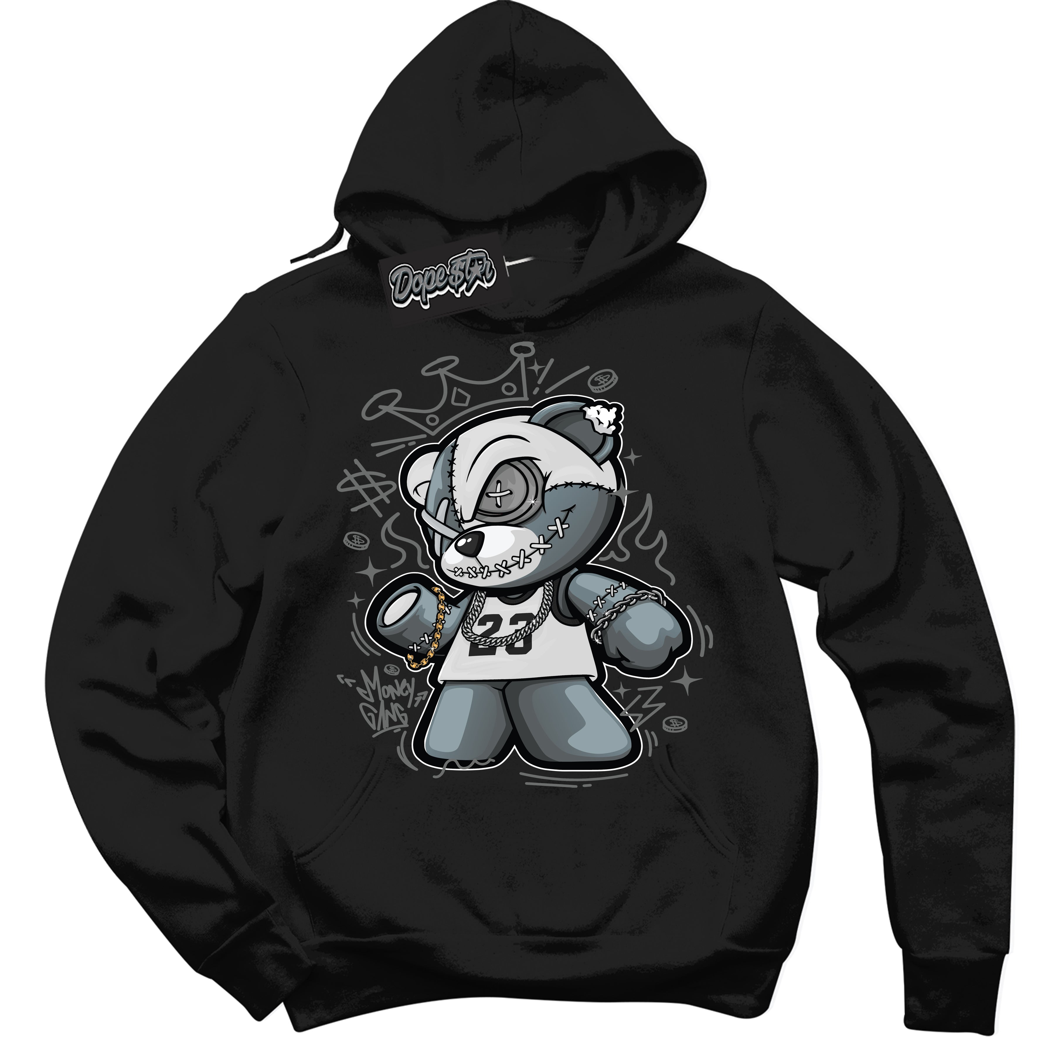 Cool Black Hoodie with “Money Gang Bear” design that Perfectly Matches Iron Grey 1s Jordans.