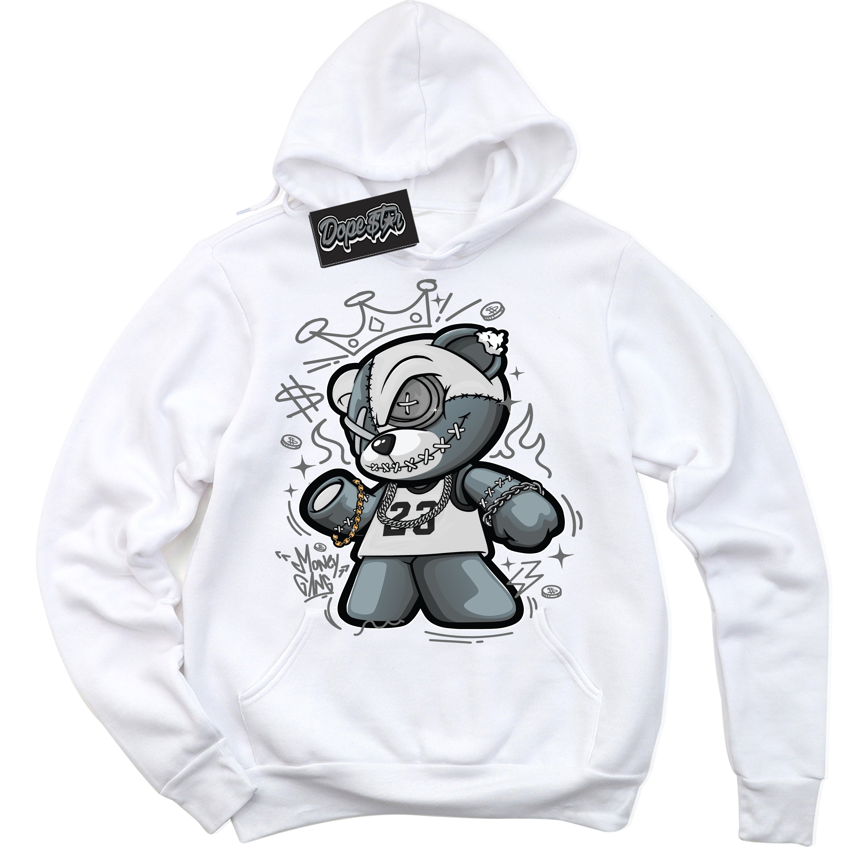 Cool White Hoodie with “Money Gang Bear” design that Perfectly Matches Iron Grey 1s Jordans.