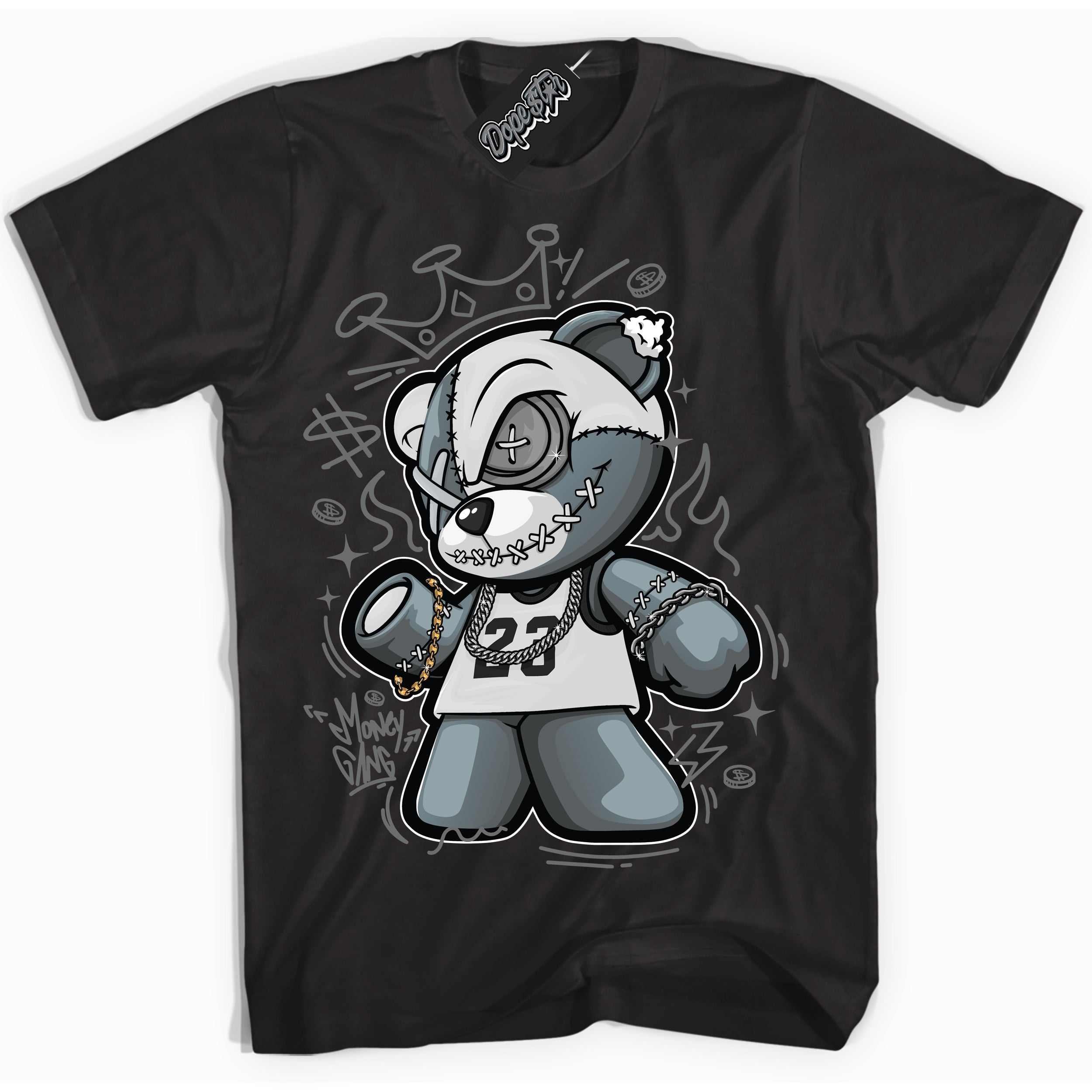 Cool Black Shirt with “Money Gang Bear” design that perfectly matches the Iron Grey 1s Jordans.