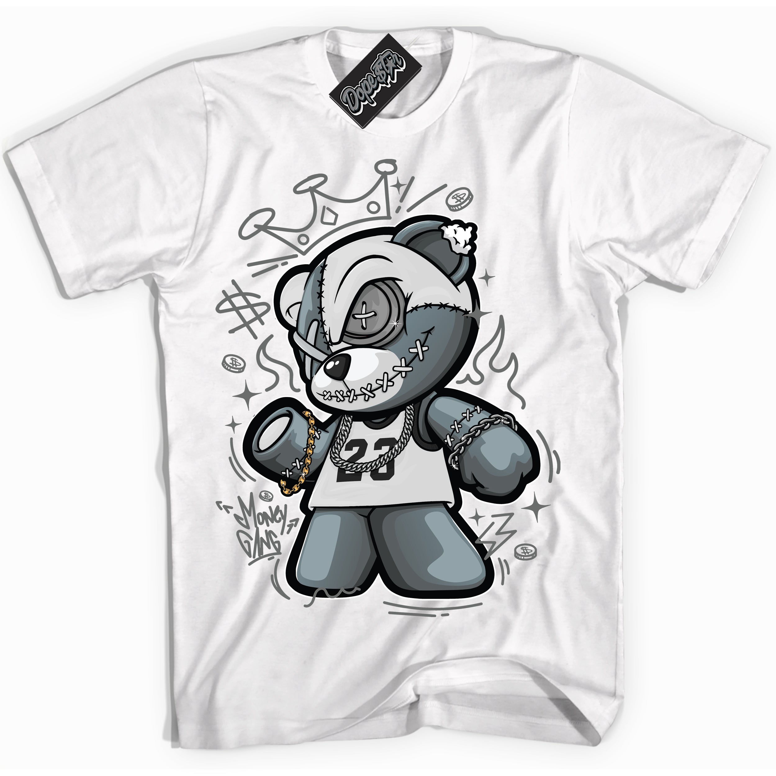 Cool White Shirt with “Money Gang Bear” design that perfectly matches the Iron Grey 1s Jordans.