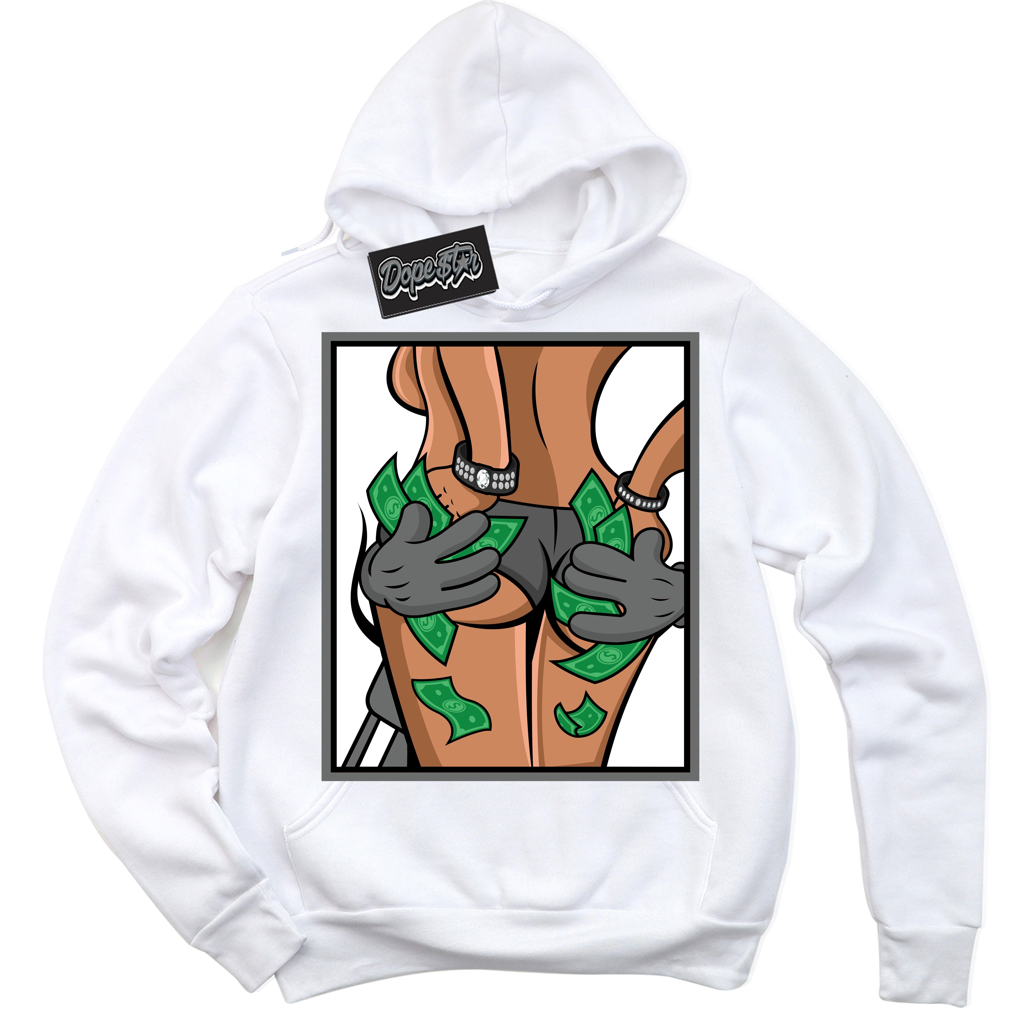 Cool White Hoodie with “Money Hands” design that Perfectly Matches Iron Grey 1s Jordans.