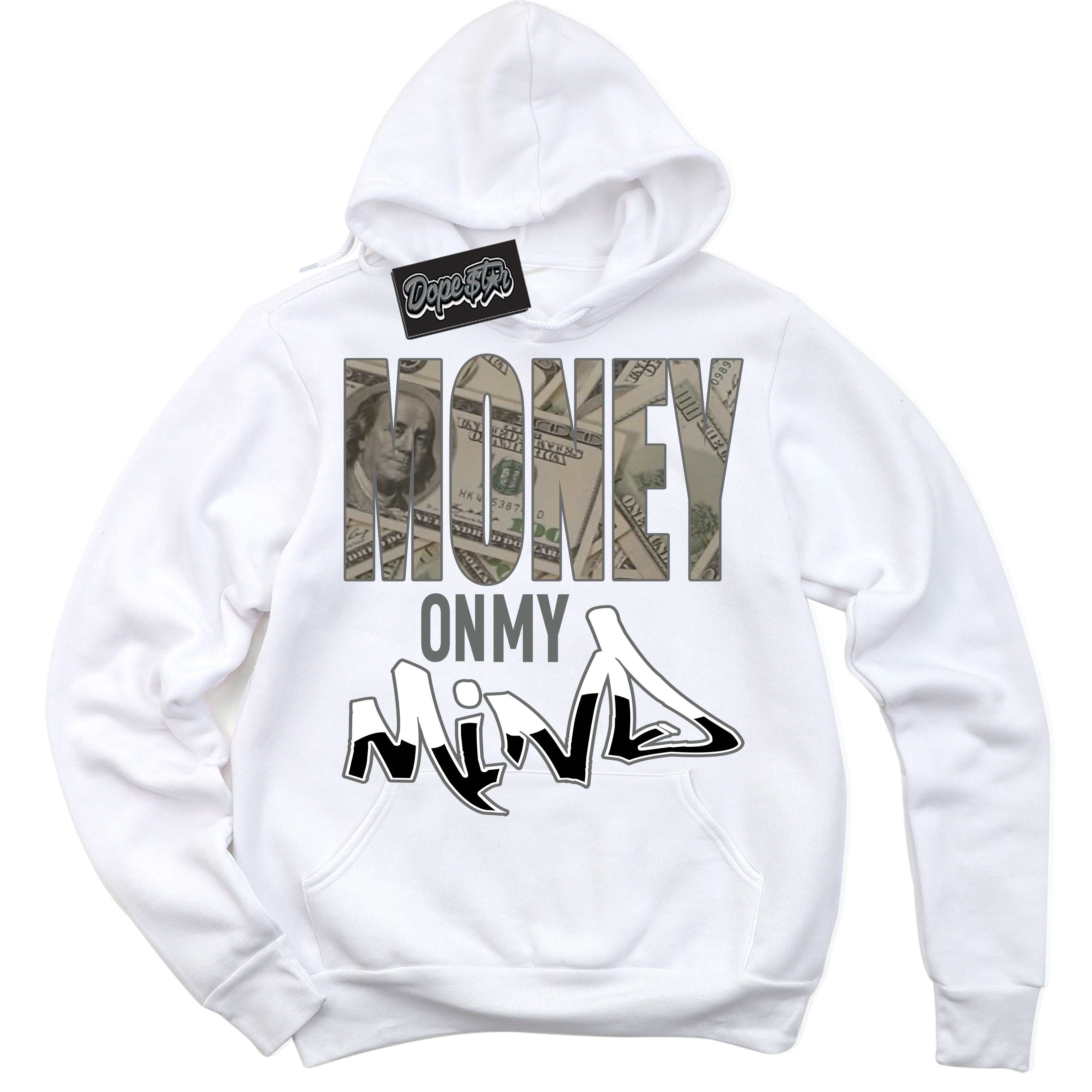 Cool White Hoodie with “Money On My Mind” design that Perfectly Matches Iron Grey 1s Jordans.