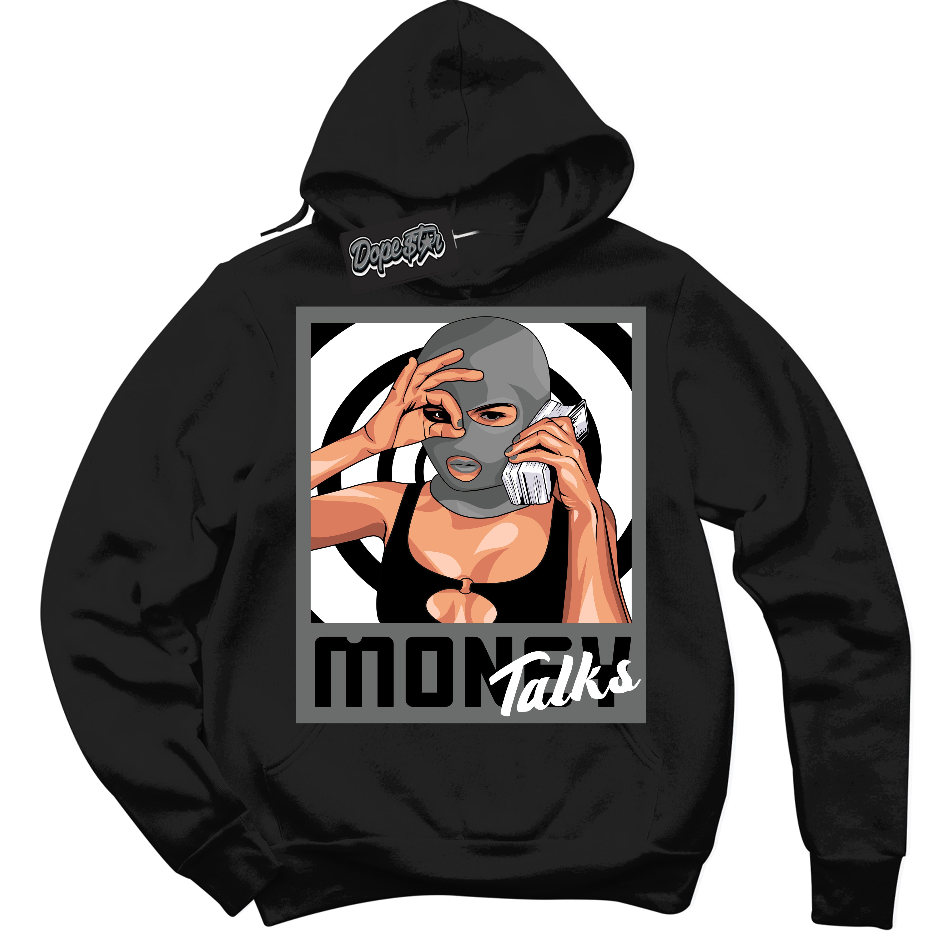 Cool Black Hoodie with “Money Talks” design that Perfectly Matches Iron Grey 1s Jordans.