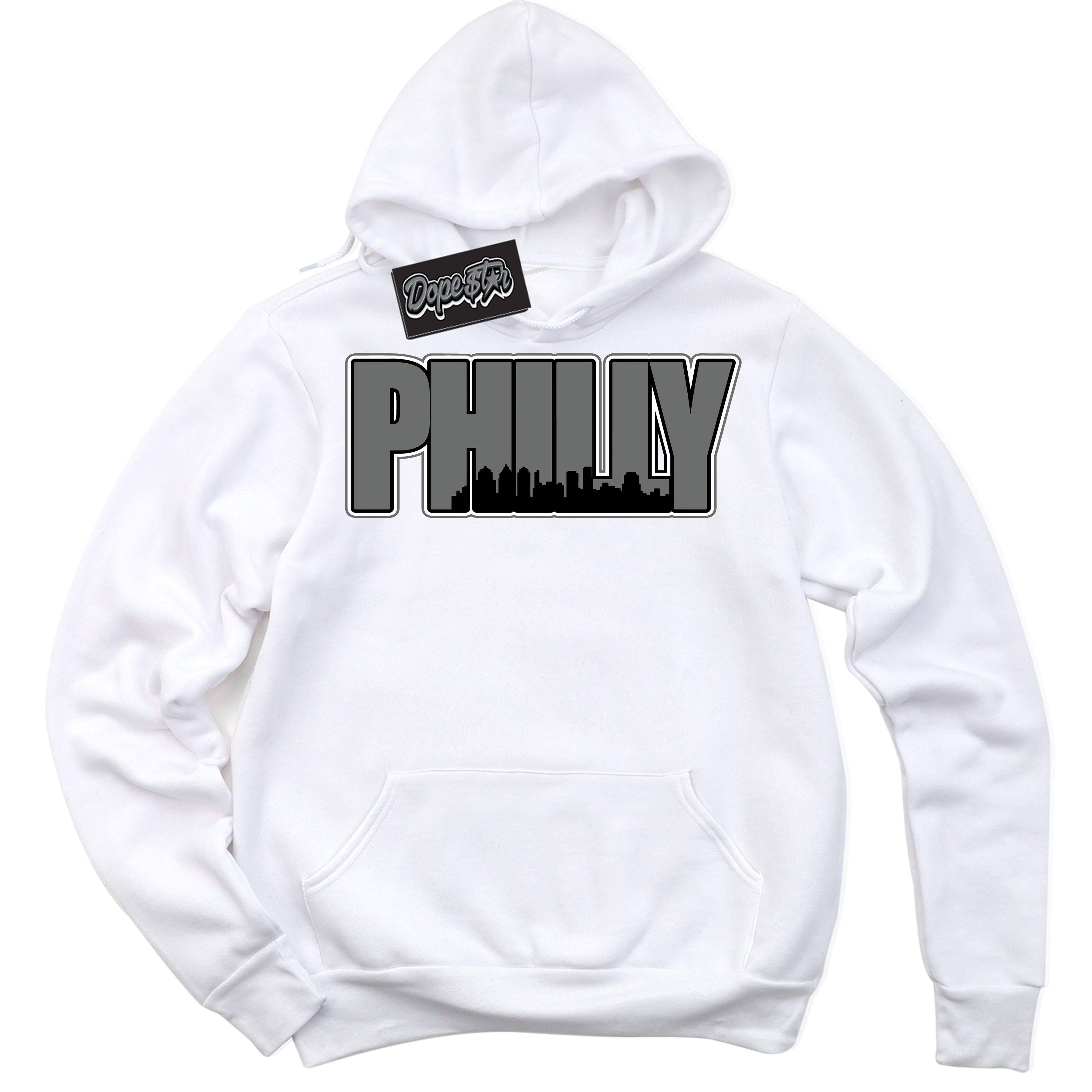 Cool White Hoodie with “Philly” design that Perfectly Matches Iron Grey 1s Jordans.