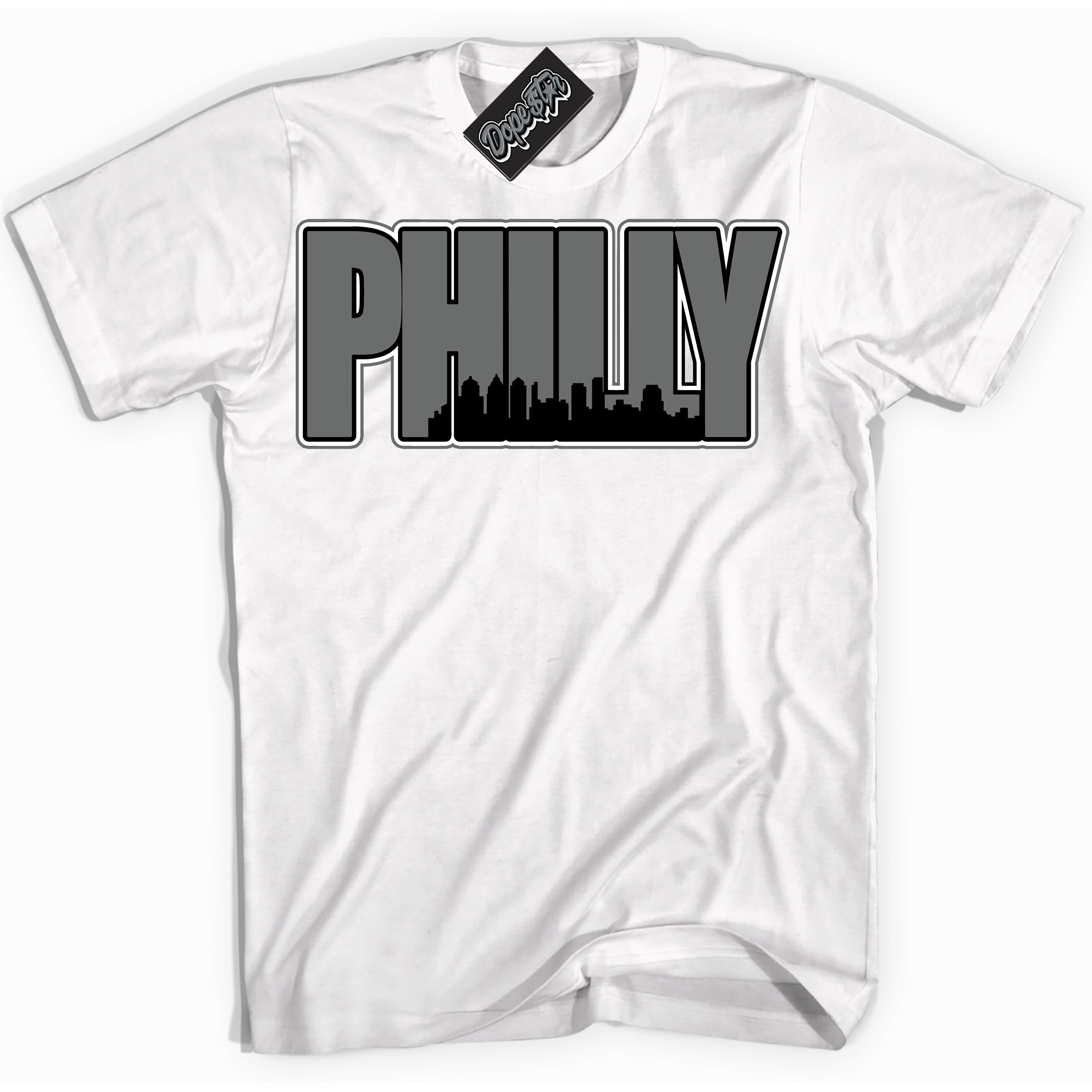 Cool White Shirt with “Philly” design that perfectly matches the Iron Grey 1s Jordans.