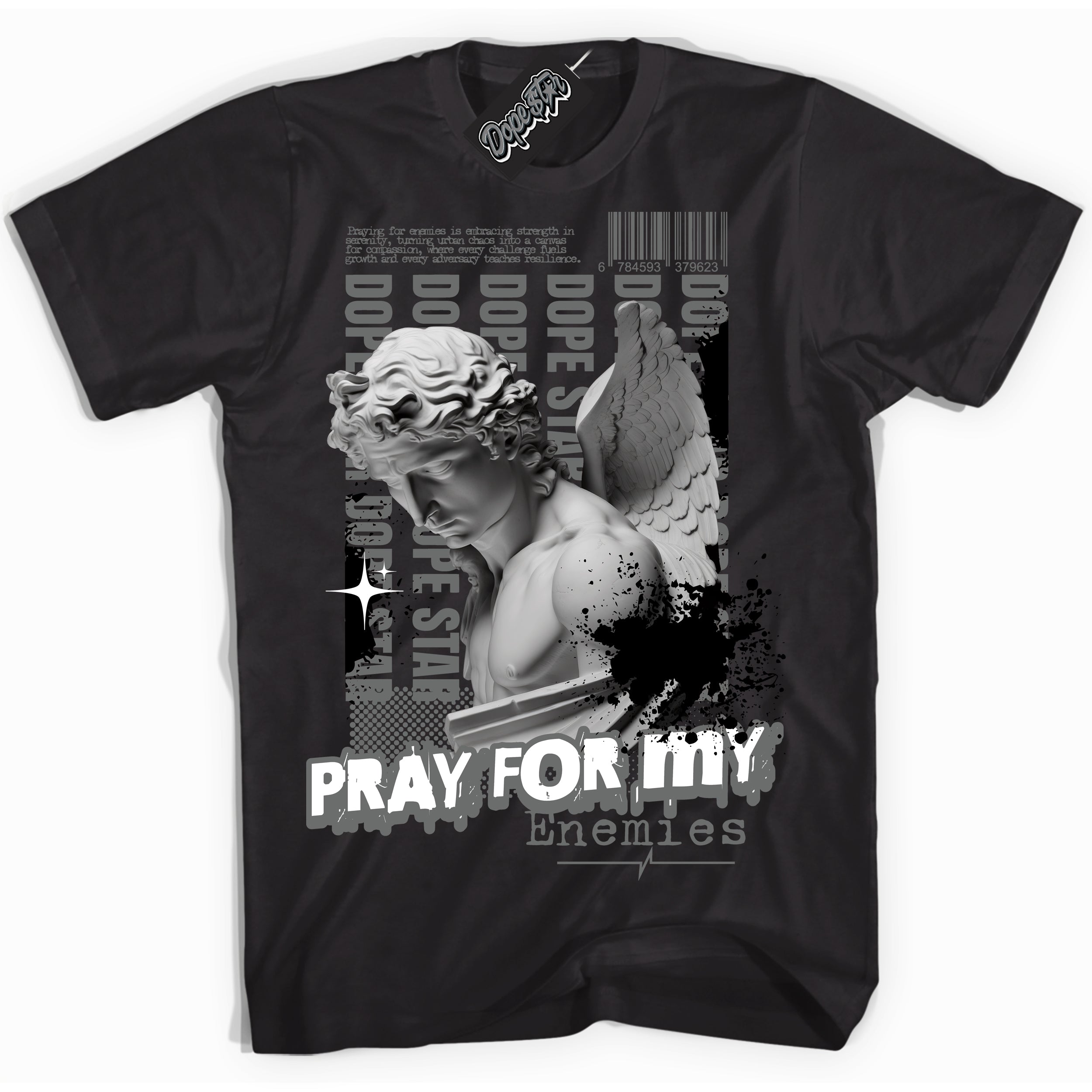 AJ1 Low Iron Grey 'Pray Enemies' Shirt - Black Streetwear Mockup | Sneakerhead T-shirt Matching Iron Grey AJ1 Lows | Limited Edition Jordan 1 Iron Grey Shirt for Men & Women | Drip with Your Iron Grey 1s Kicks | Sneaker head Fashion Must-Have.