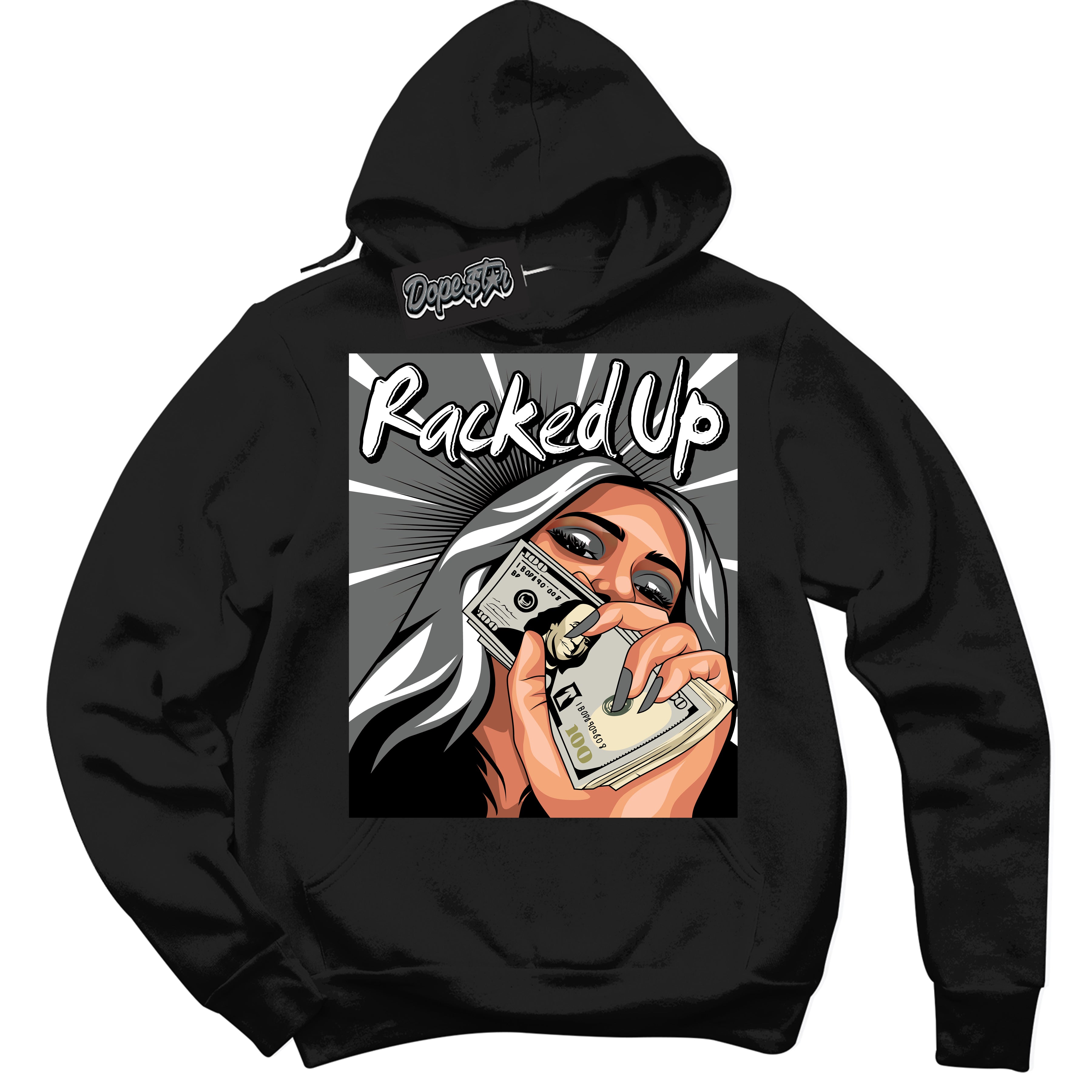 AJ1 Low Iron Grey 'Racked Up' Hoodie- Black Streetwear Mockup | Sneakerhead Hoodie Matching Iron Grey AJ1 Lows | Limited Edition Jordan 1 Iron Grey hoodie for Men & Women | Drip with Your Iron Grey 1s Kicks | Sneaker head Fashion Must-Have.