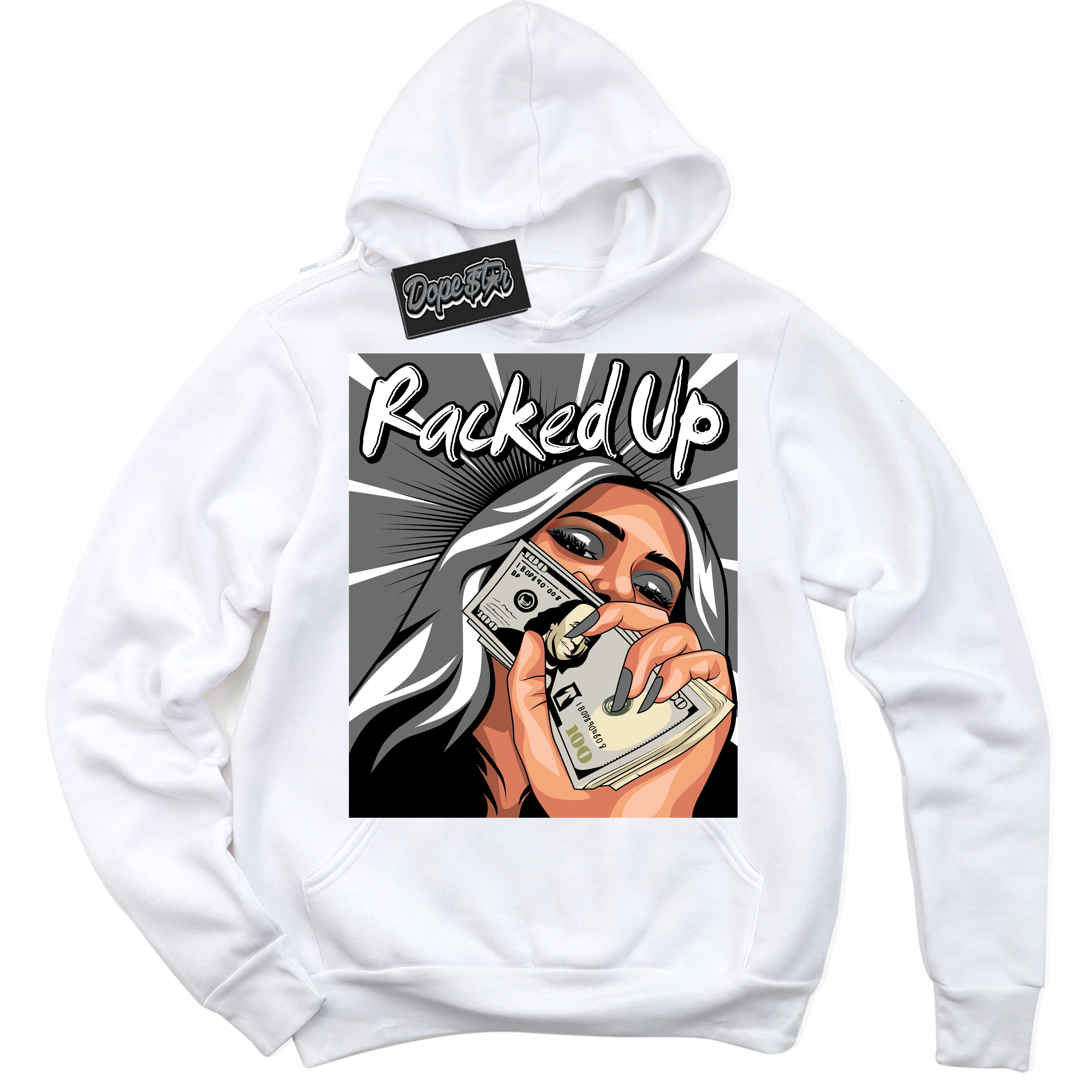 AJ1 Low Iron Grey 'Racked Up' Hoodie- White Streetwear Mockup | Sneakerhead Hoodie Matching Iron Grey AJ1 Lows | Limited Edition Jordan 1 Iron Grey hoodie for Men & Women | Drip with Your Iron Grey 1s Kicks | Sneaker head Fashion Must-Have.