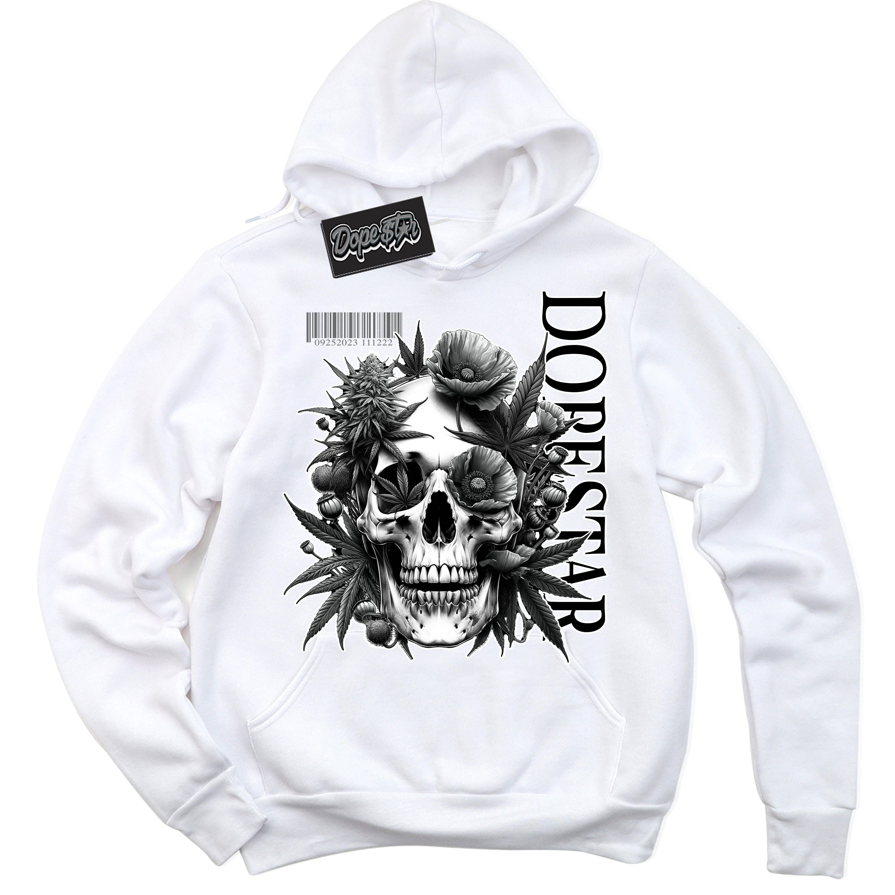 Cool White Hoodie with “Skull Poppies” design that Perfectly Matches Iron Grey 1s Jordans.