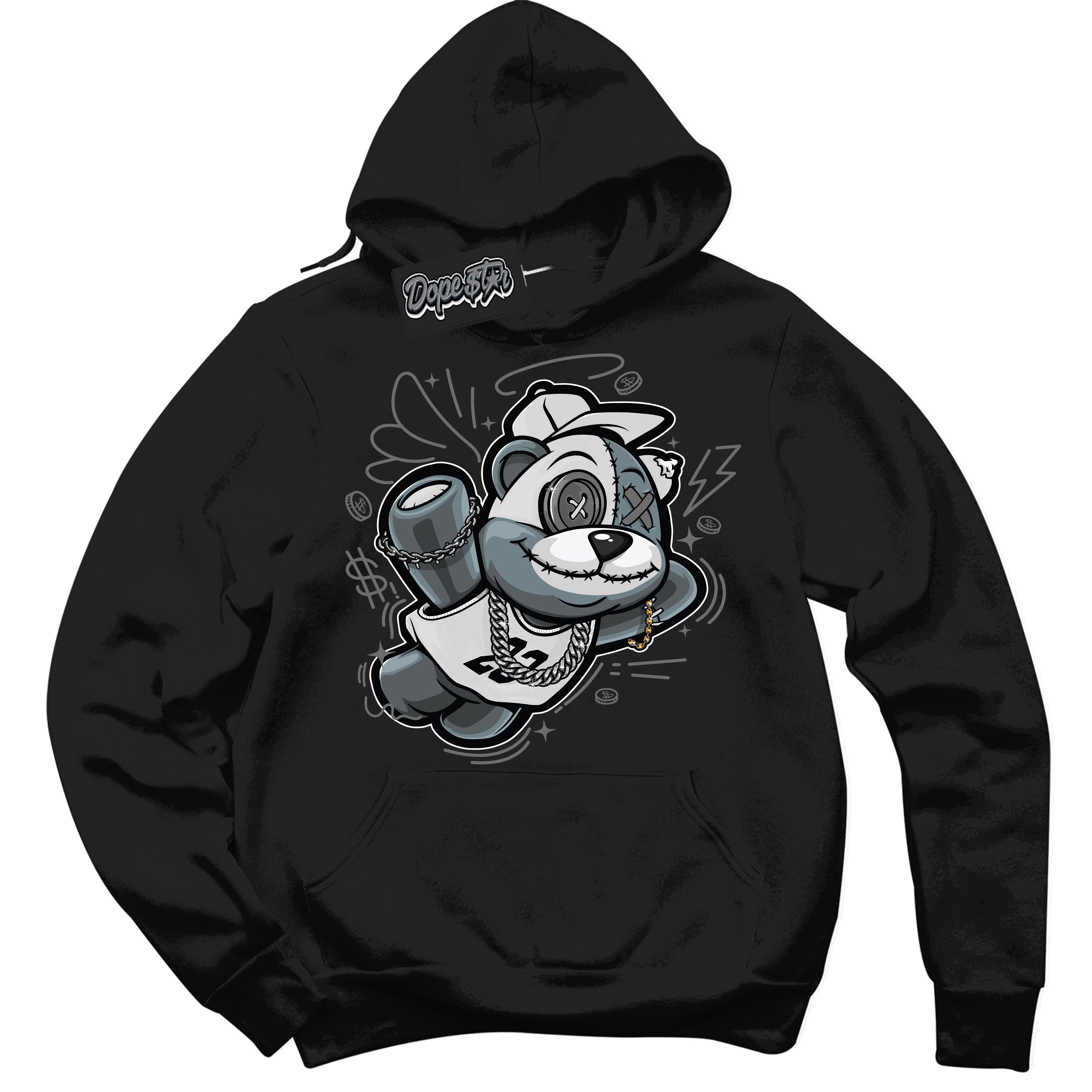 Cool Black Hoodie with “Slam Dunk Bear” design that Perfectly Matches Iron Grey 1s Jordans.