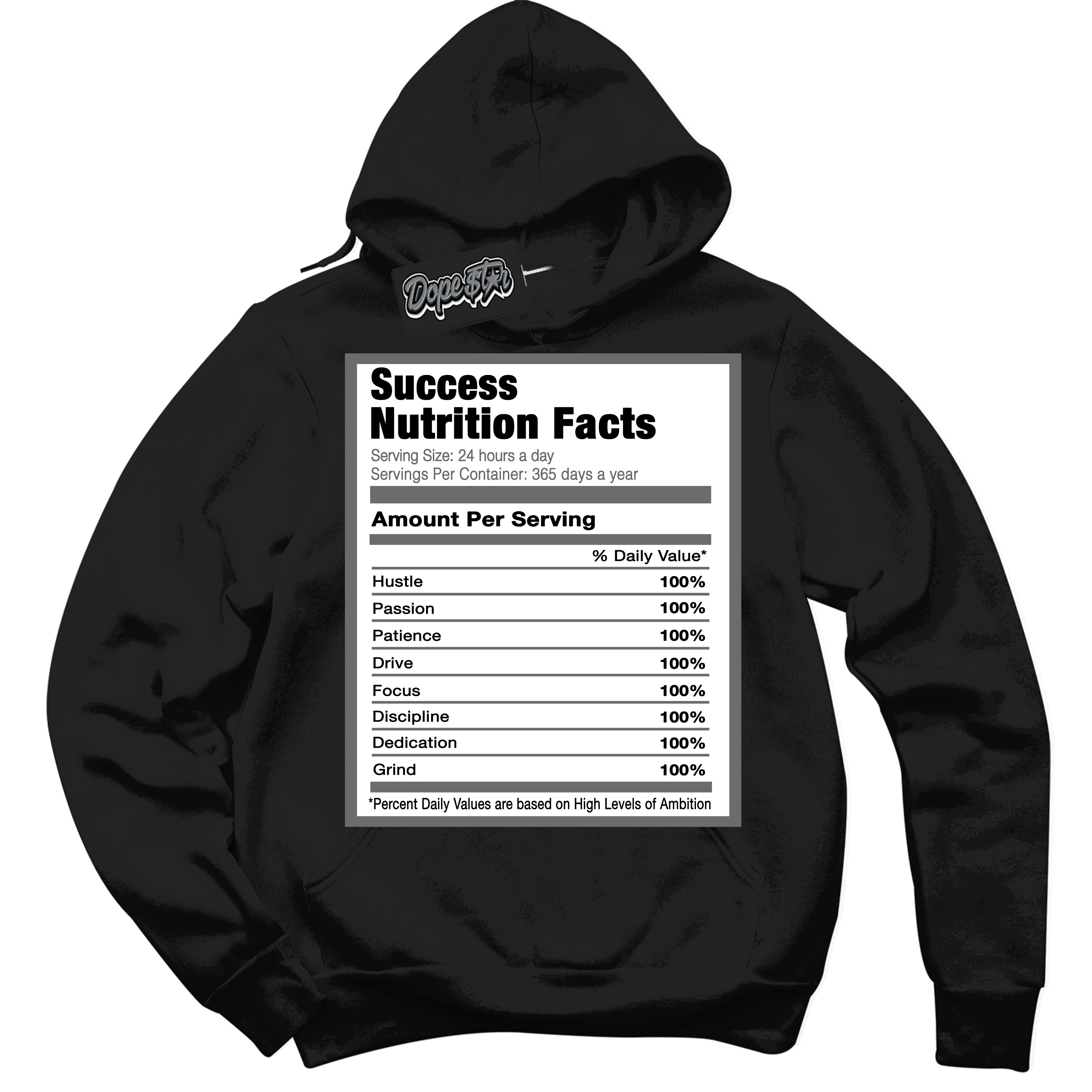 Cool Black Hoodie with “Success Nutrition” design that Perfectly Matches Iron Grey 1s Jordans.