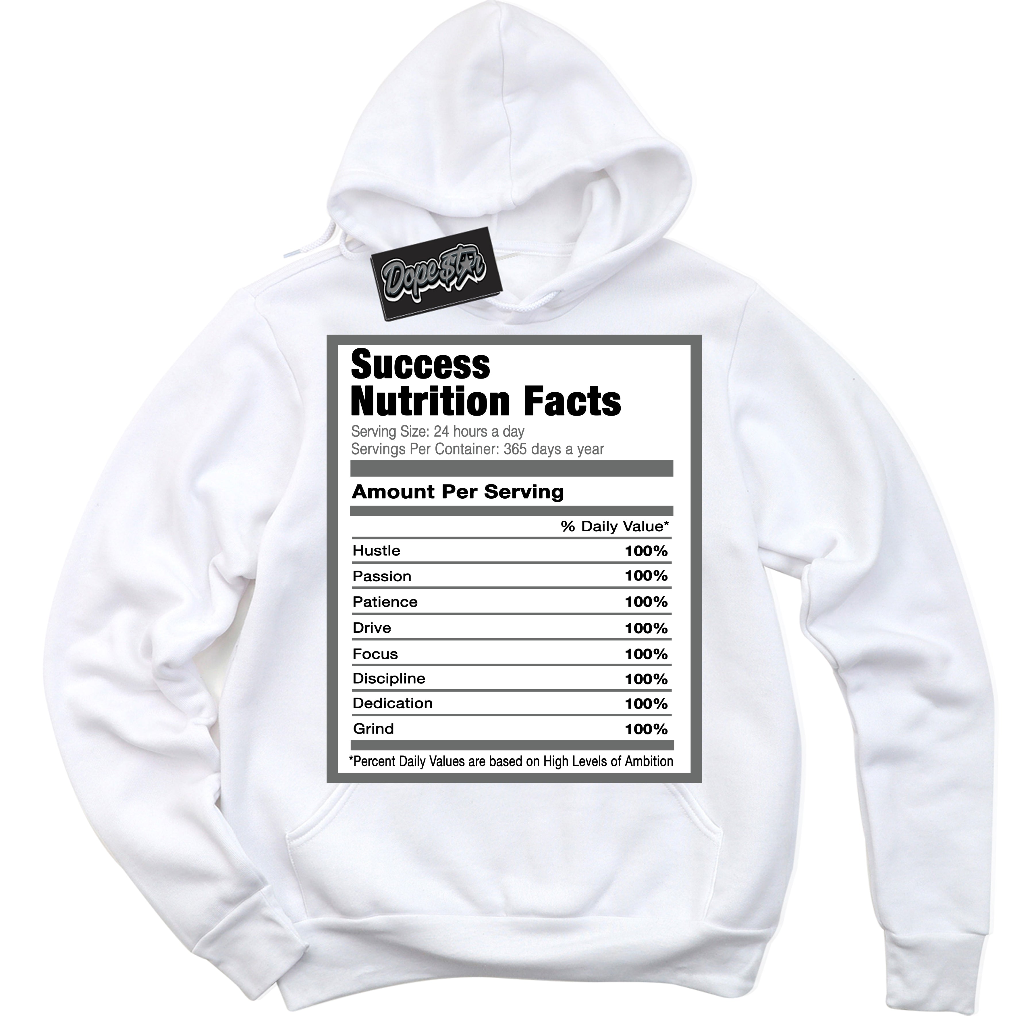 Cool White Hoodie with “Success Nutrition” design that Perfectly Matches Iron Grey 1s Jordans.