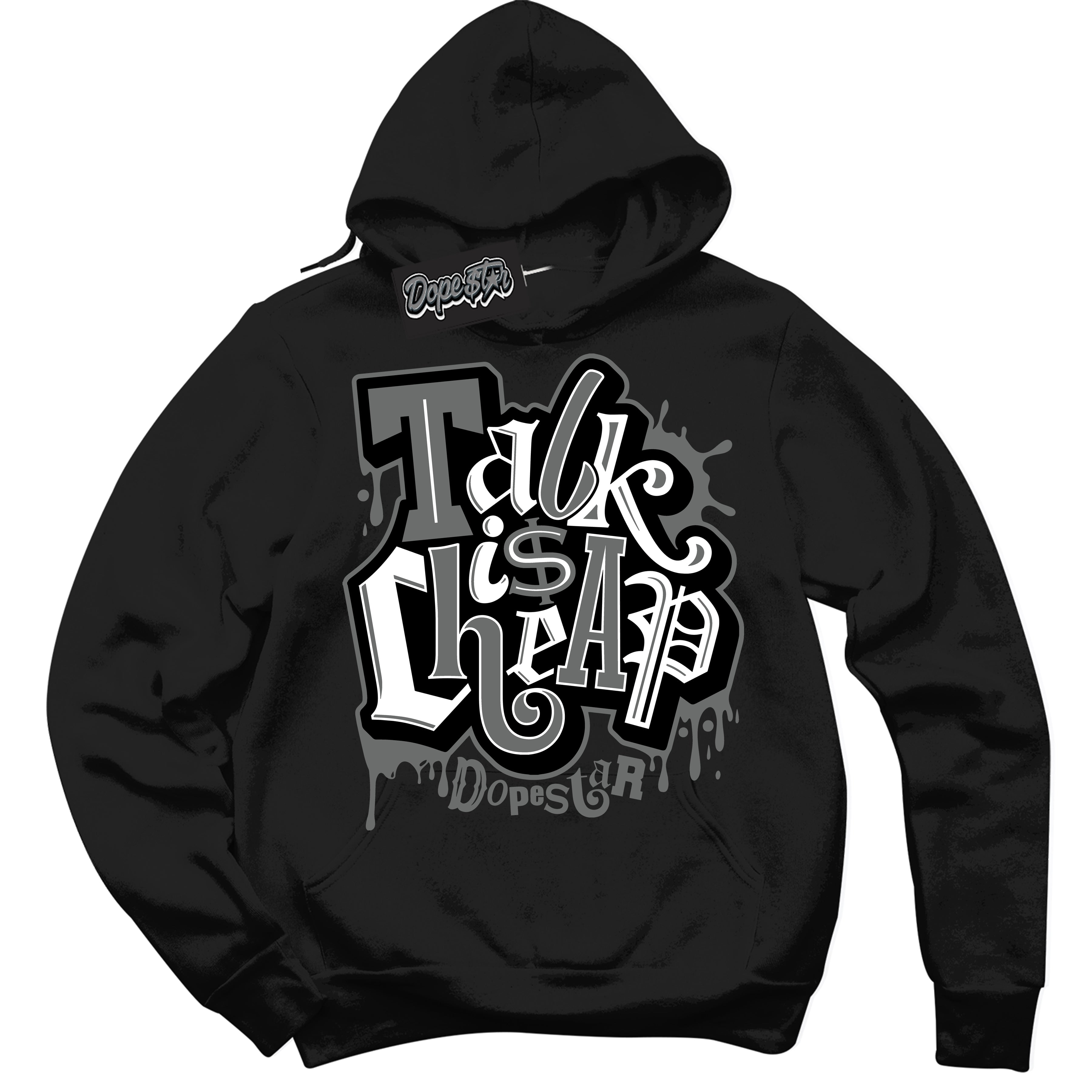 Cool Black Hoodie with “Talk Is Cheap” design that Perfectly Matches Iron Grey 1s Jordans.